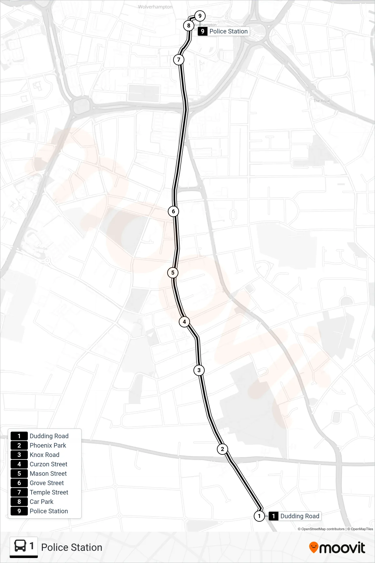1 bus Line (Police Station) route and stops on a map