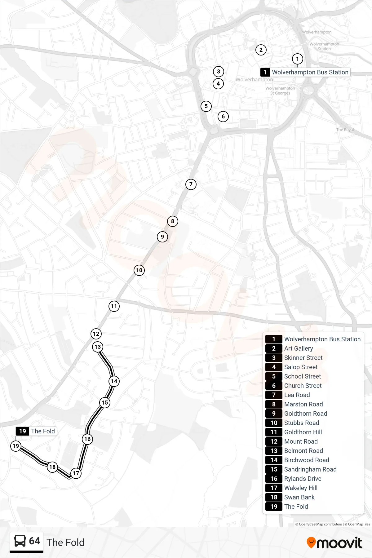 64 bus Line (The Fold) route and stops on a map