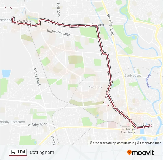 Map Of Cottingham Hull 104 Route: Schedules, Stops & Maps - Cottingham (Updated)