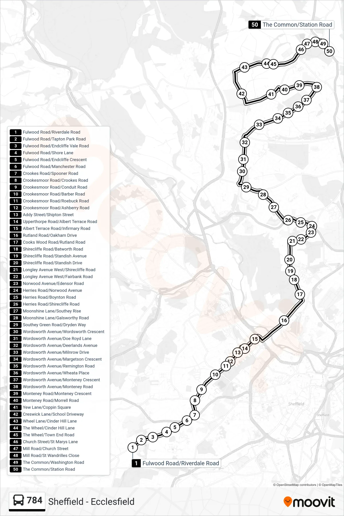 784 bus Line (Ranmoor) route and stops on a map