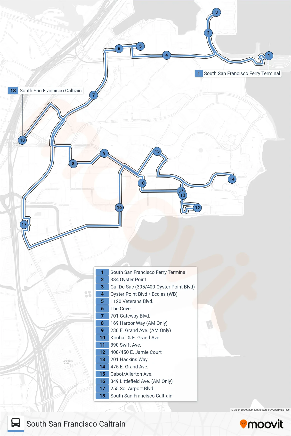 OPF SHUTTLE bus Line (South San Francisco Caltrain) route and stops on a map