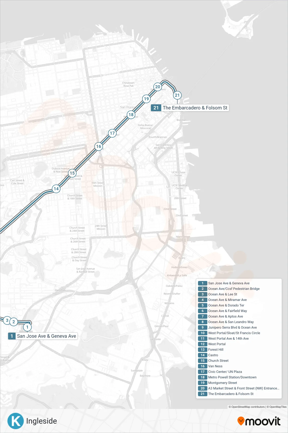 K light rail Line (Embarcadero Station) route and stops on a map