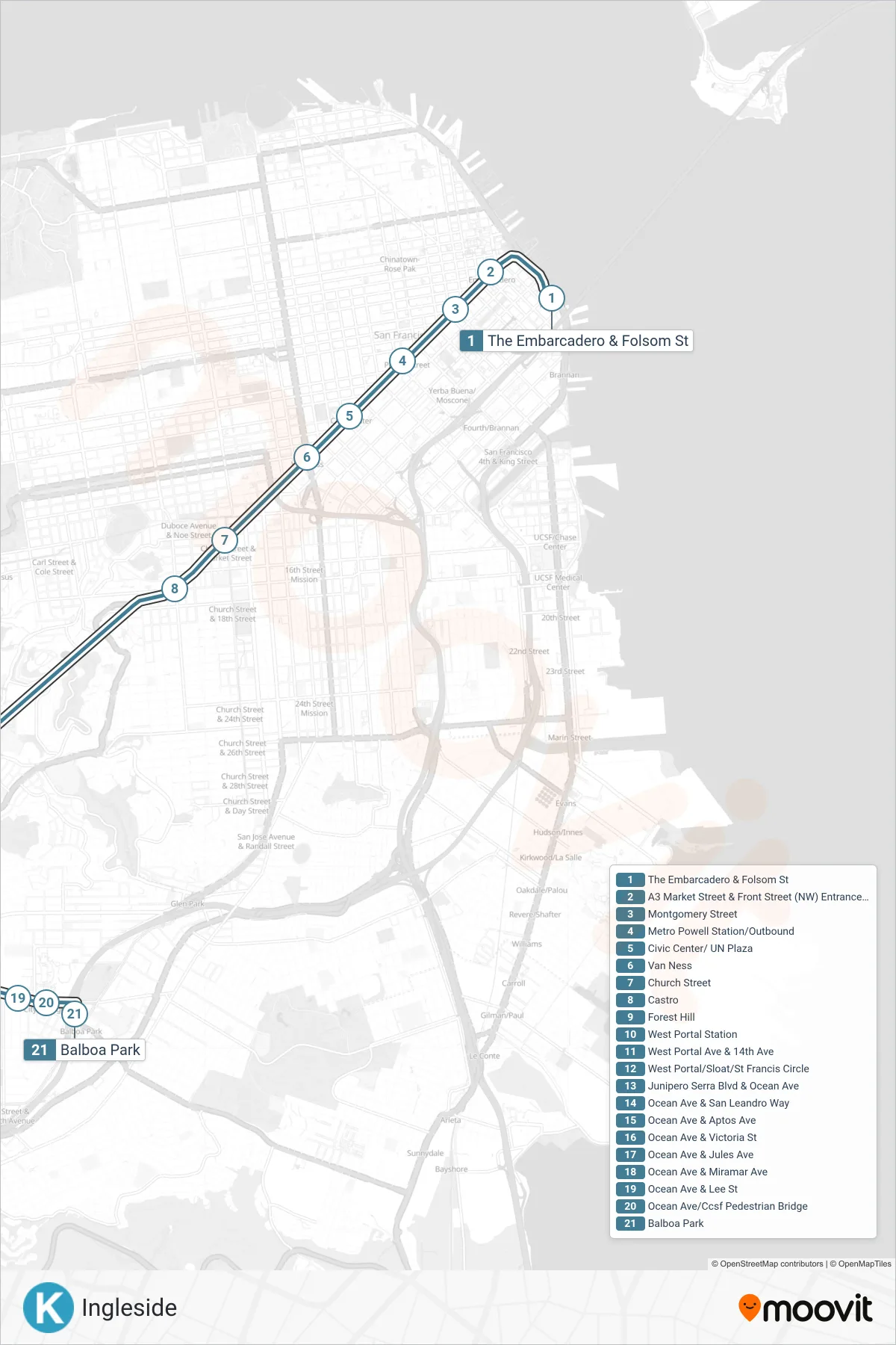 K light rail Line (Balboa Park) route and stops on a map