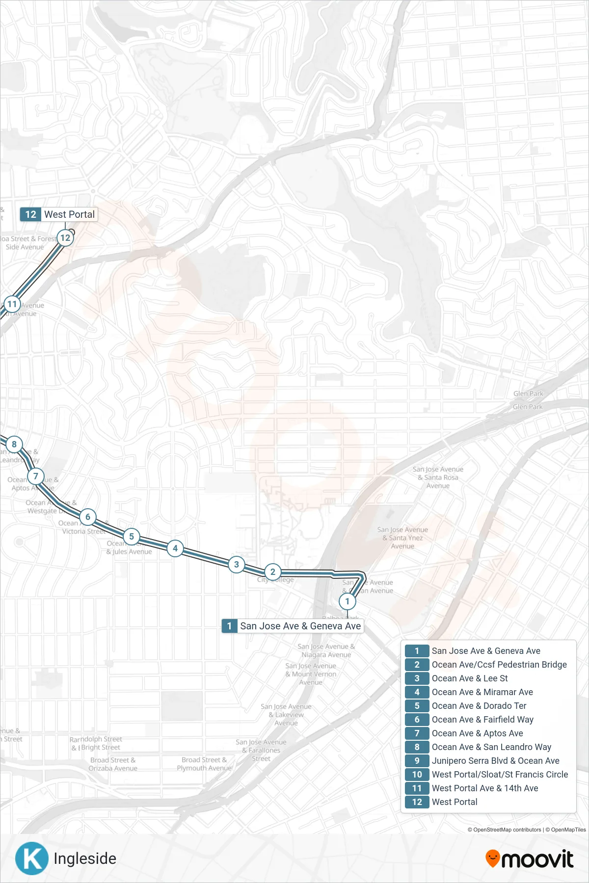 K light rail Line (Westportal) route and stops on a map
