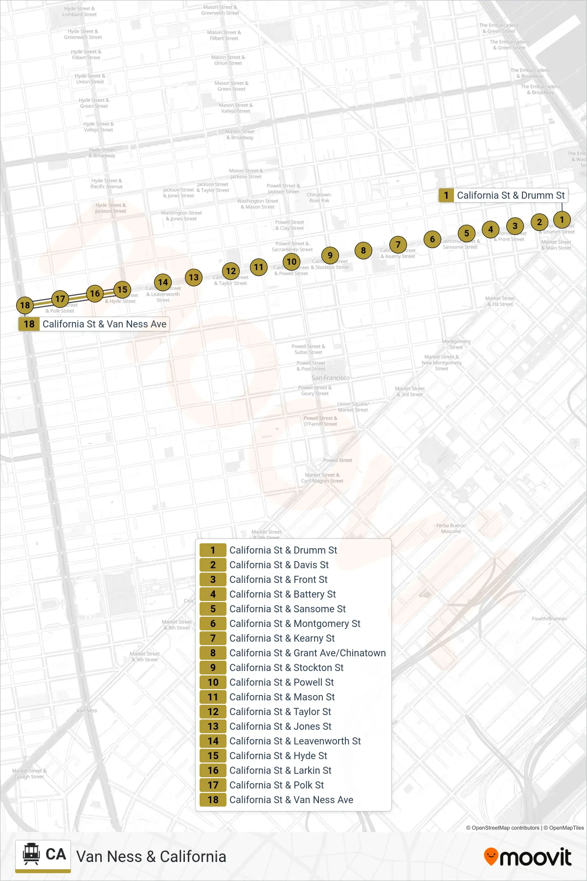 CA cable car Line (Van Ness & California) route and stops on a map