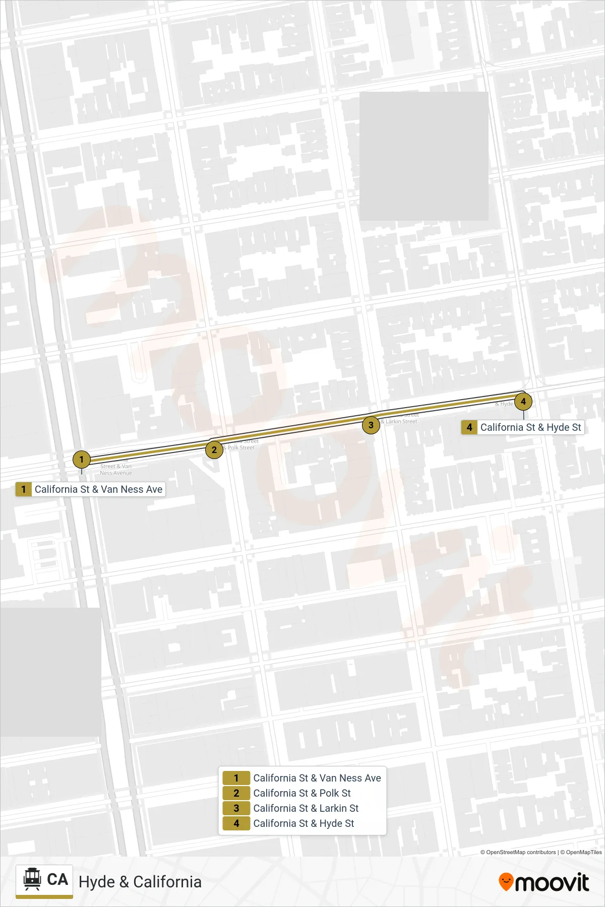 CA cable car Line (Hyde & California) route and stops on a map