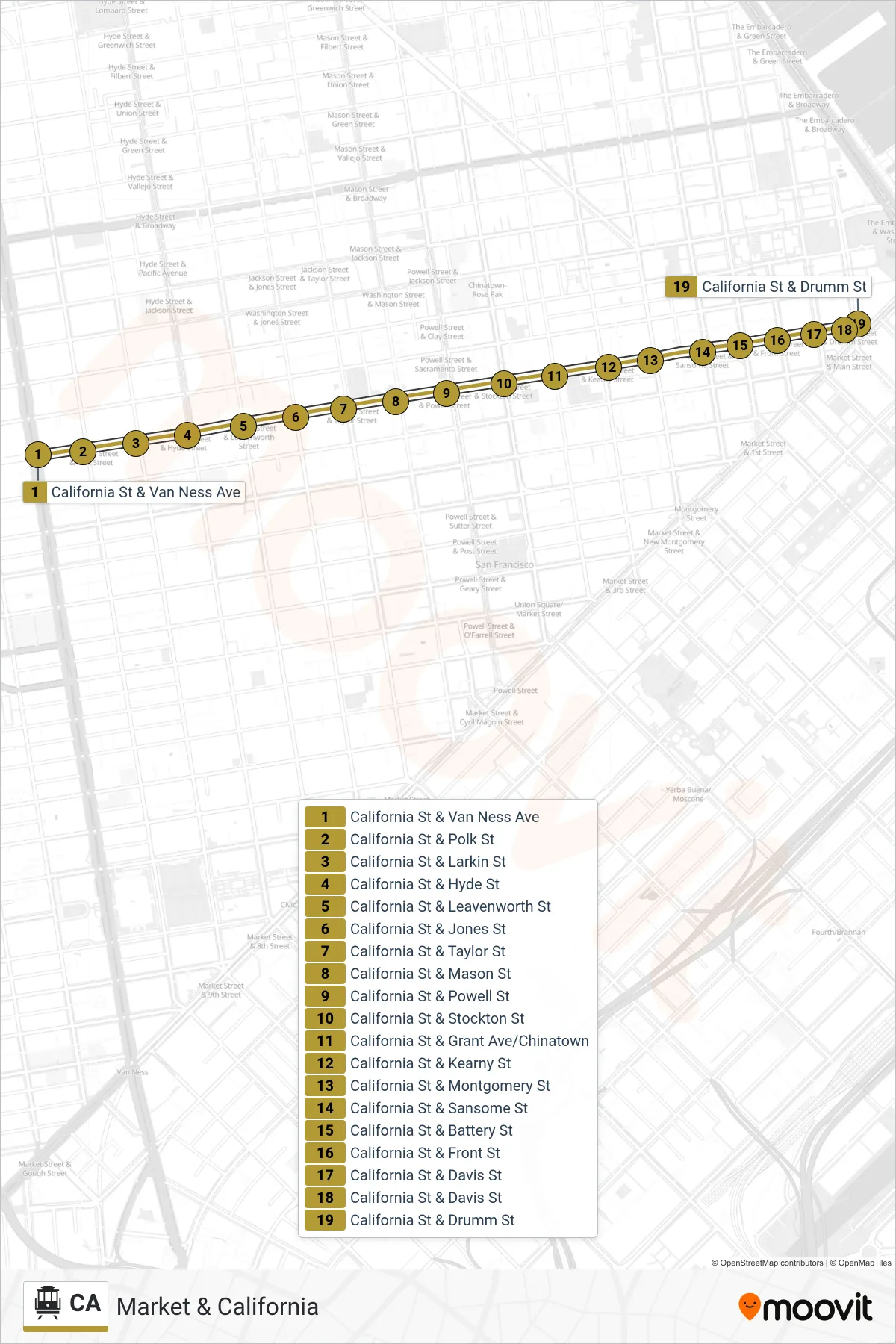 CA cable car Line (Market & California) route and stops on a map