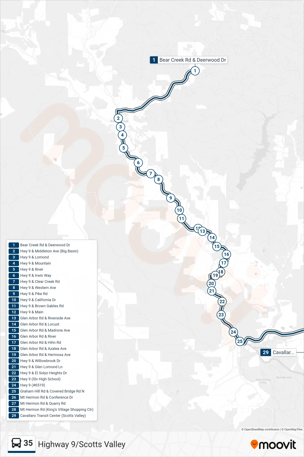 35 bus Line (Highway 9 To Scotts Valley Transit Center) route and stops on a map