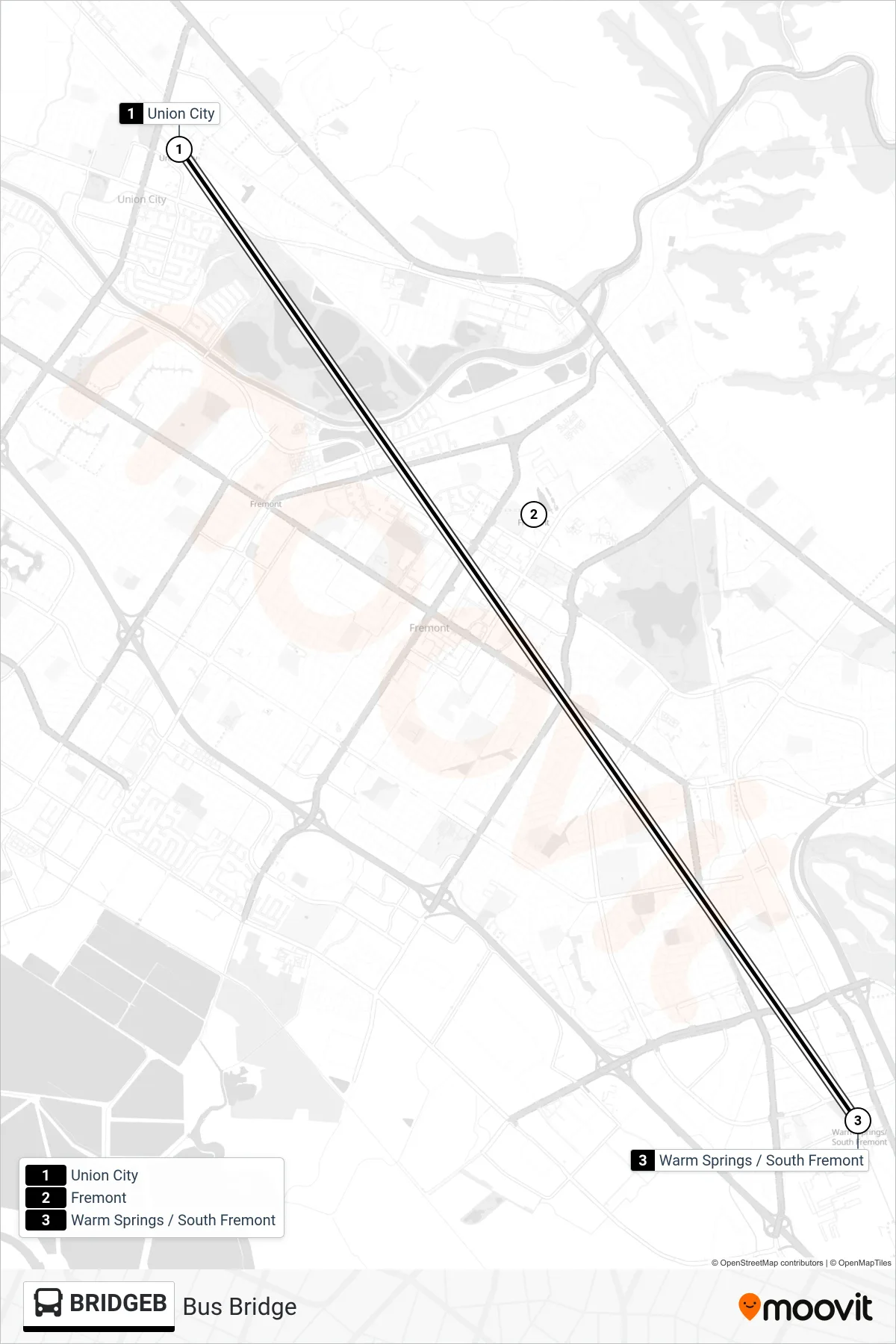 BRIDGEB bus Line (Bus Bridge) route and stops on a map