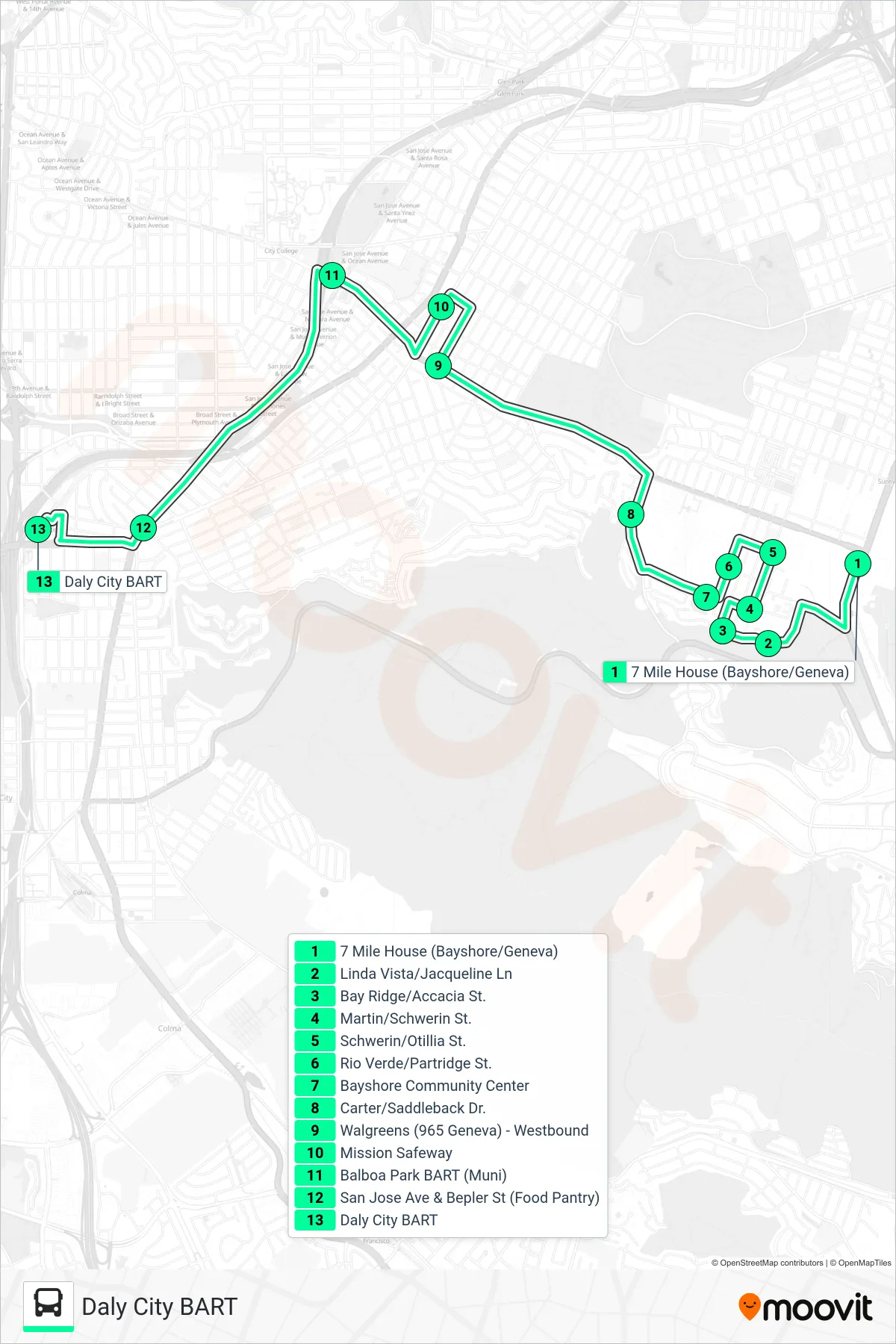 DCB SHUTTLE bus Line (Daly City BART) route and stops on a map