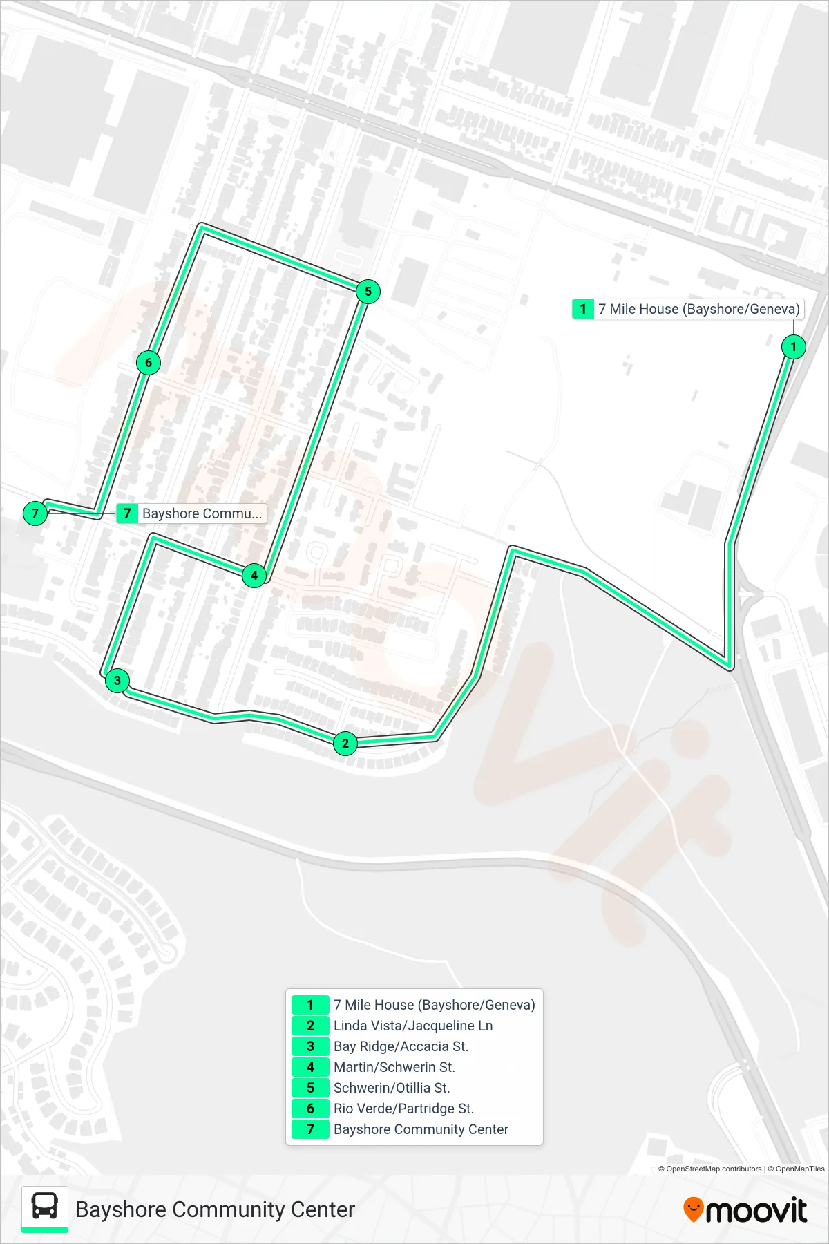 DCB SHUTTLE bus Line (Bayshore Community Center) route and stops on a map