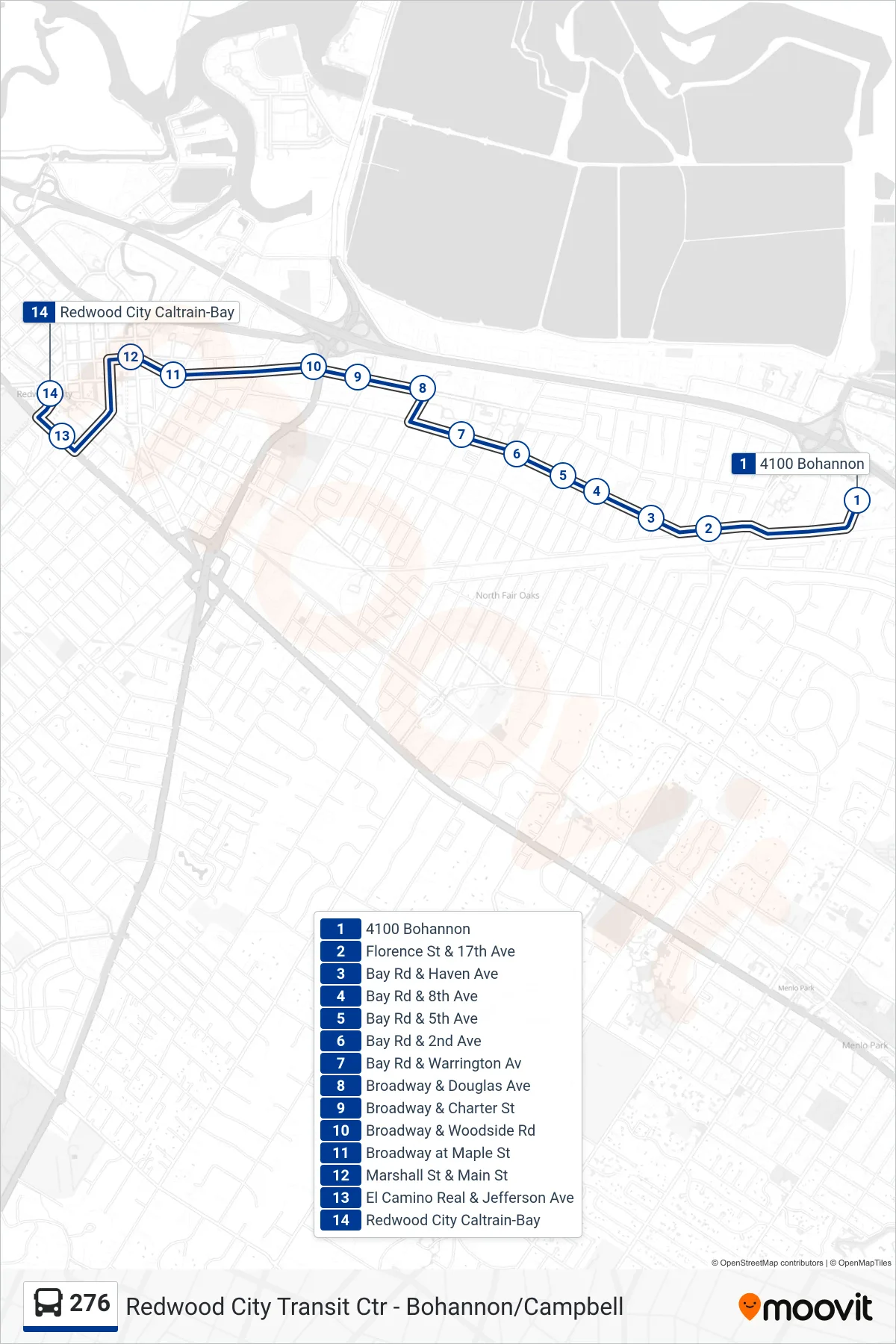 276 bus Line (Redwood City Transit Center) route and stops on a map