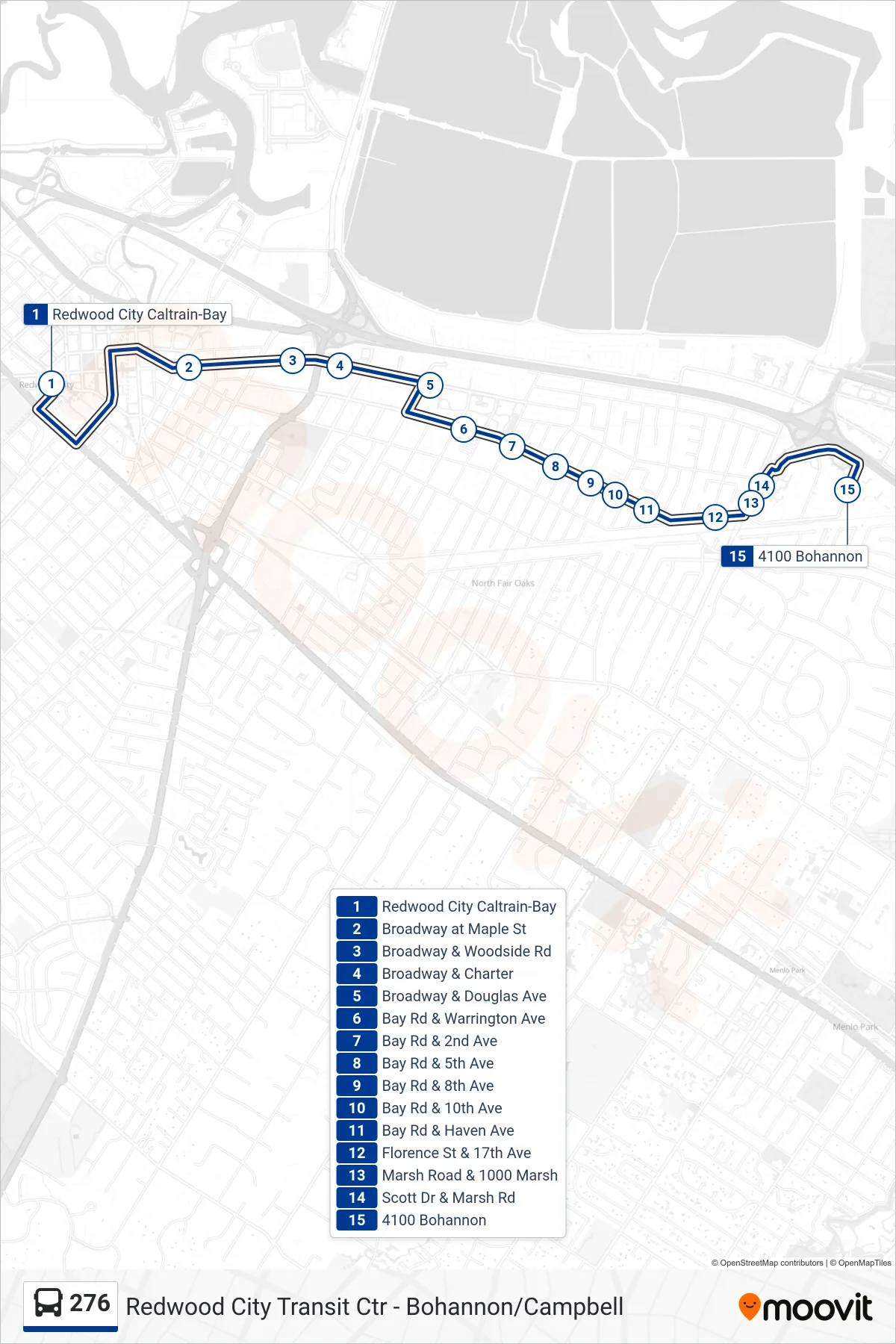 276 bus Line (Menlo Park) route and stops on a map