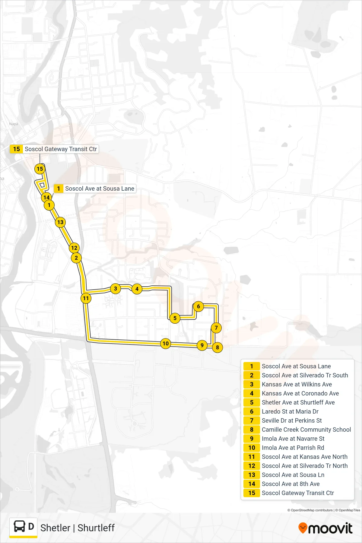 D bus Line (Shetler | Shurtleff) route and stops on a map