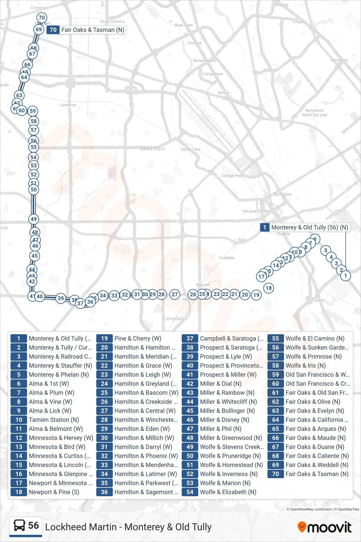 56 bus Line (Fair Oaks & Tasman) route and stops on a map