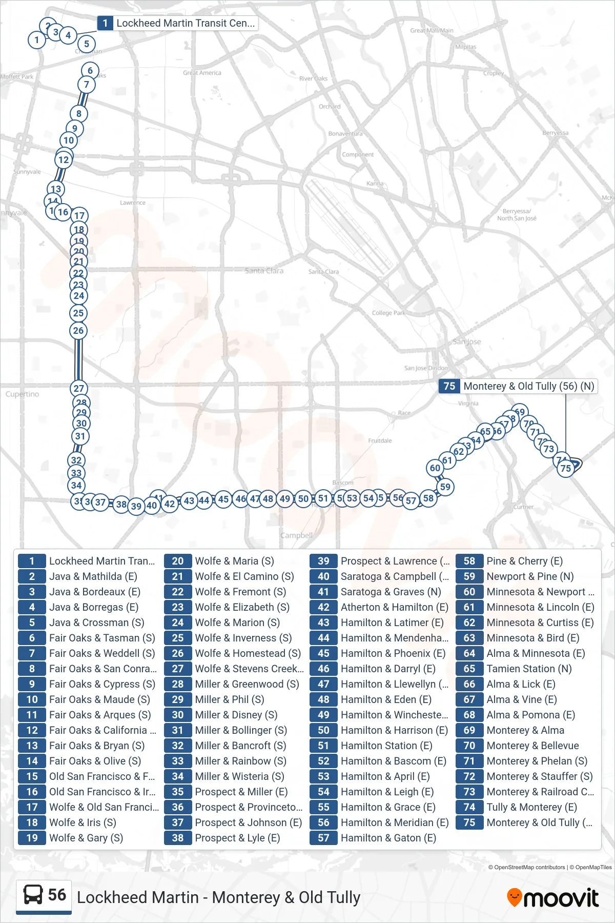 56 bus Line (Monterey & Old Tully) route and stops on a map