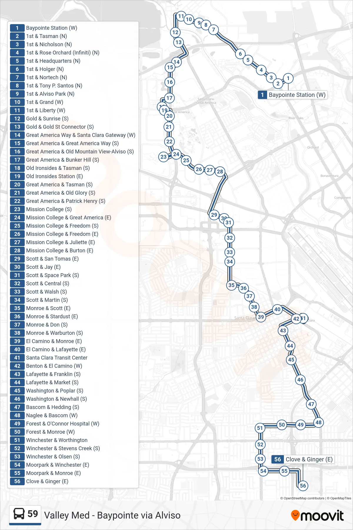 59 bus Line (Valley Medical Ctr) route and stops on a map