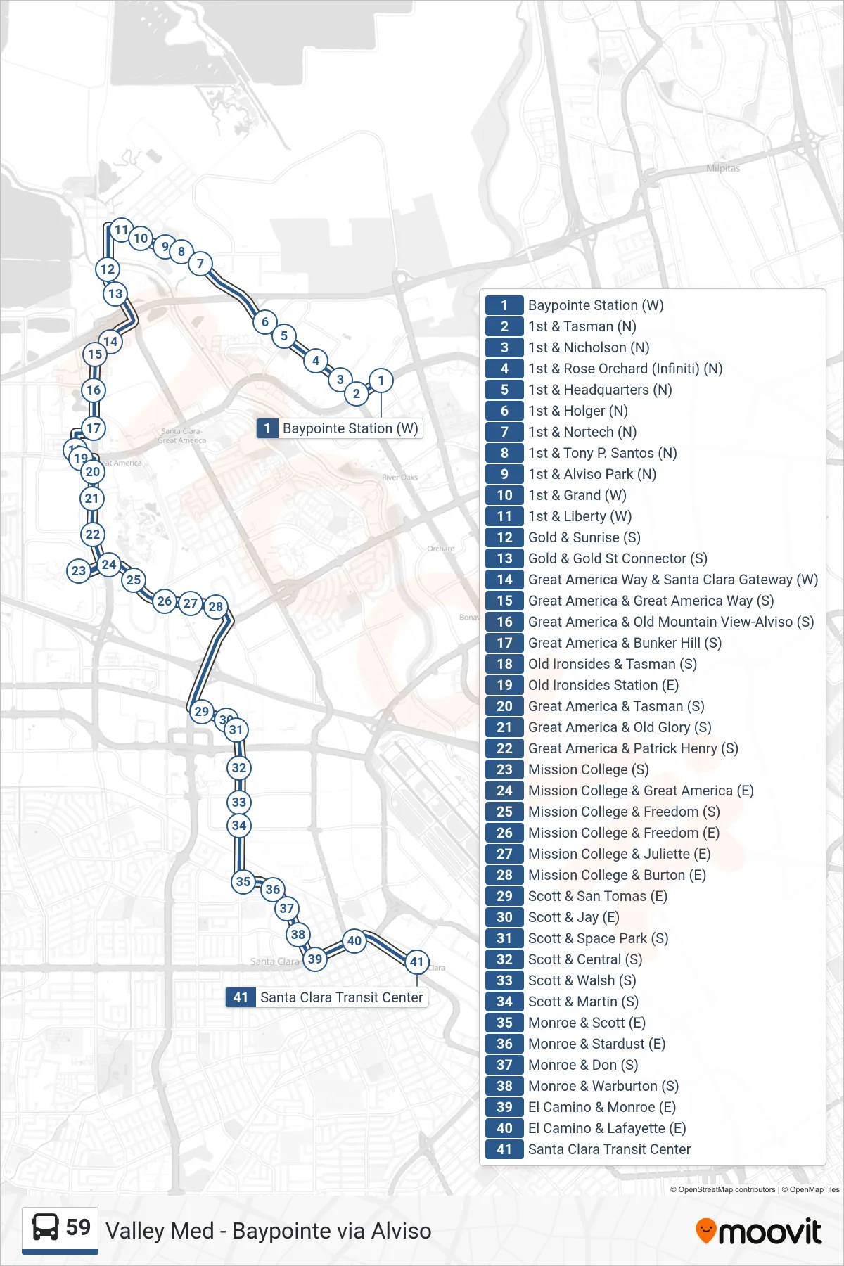 59 bus Line (Santa Clara Transit Ctr) route and stops on a map