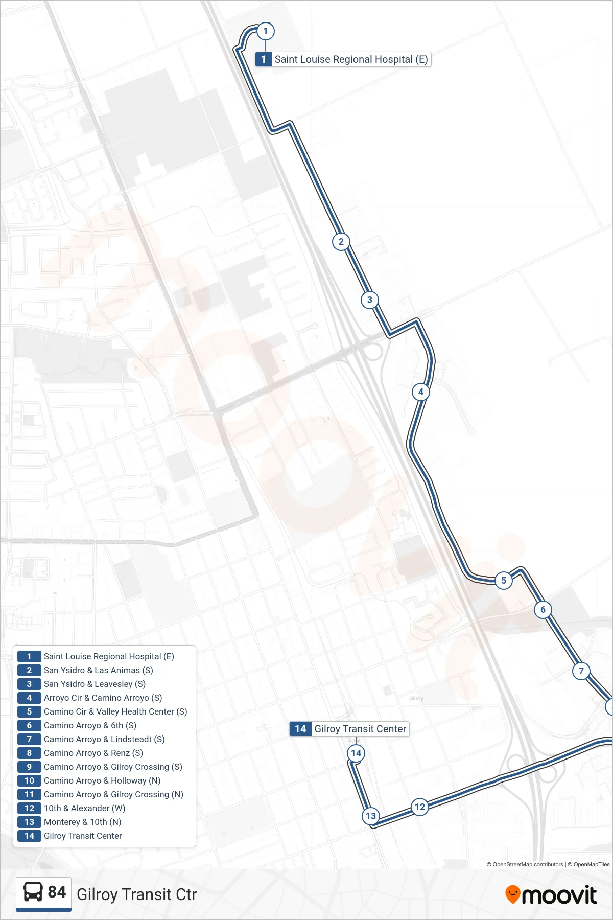 84 bus Line (Gilroy Transit Ctr) route and stops on a map