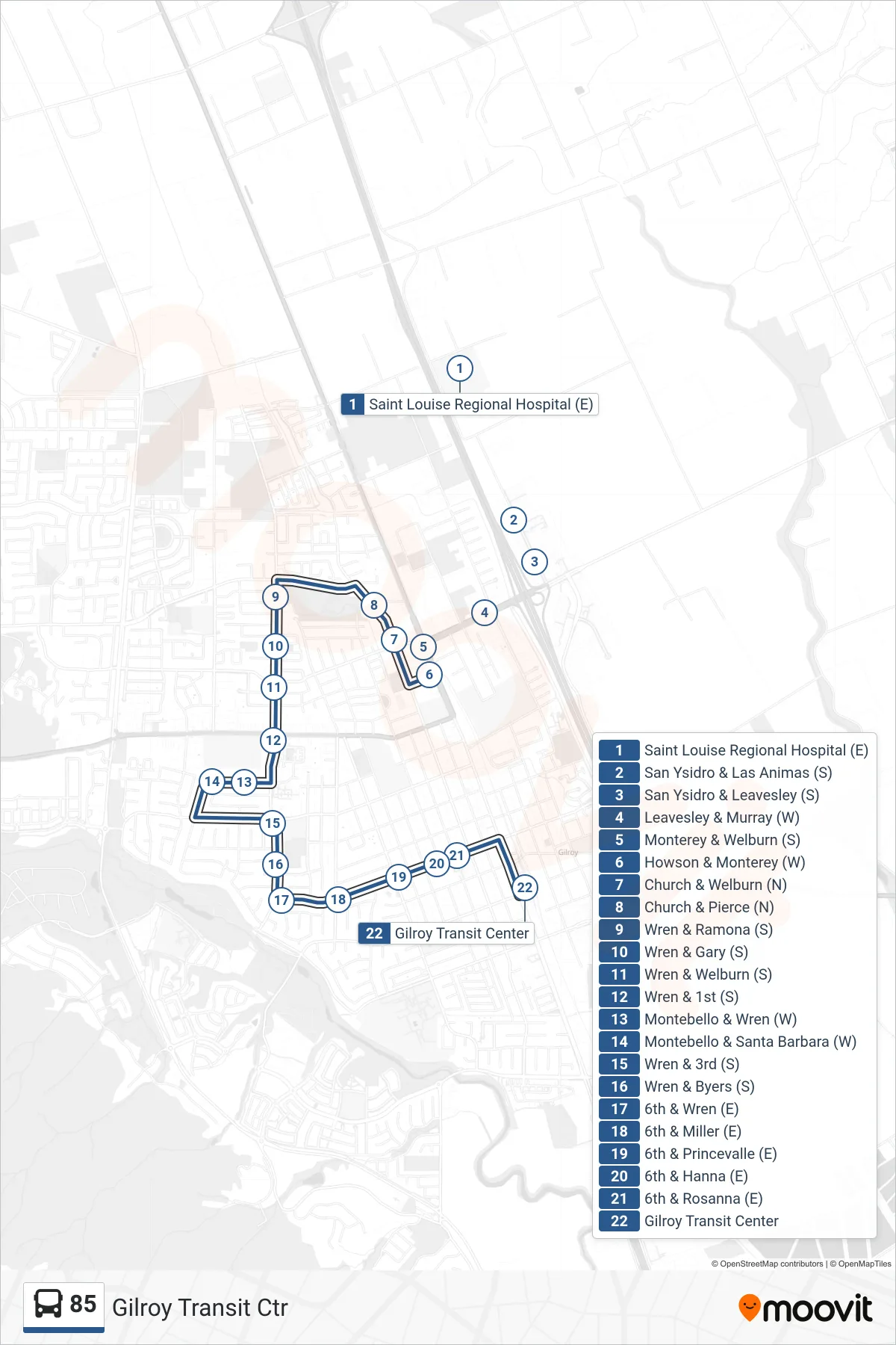 85 bus Line (Gilroy Transit Ctr) route and stops on a map