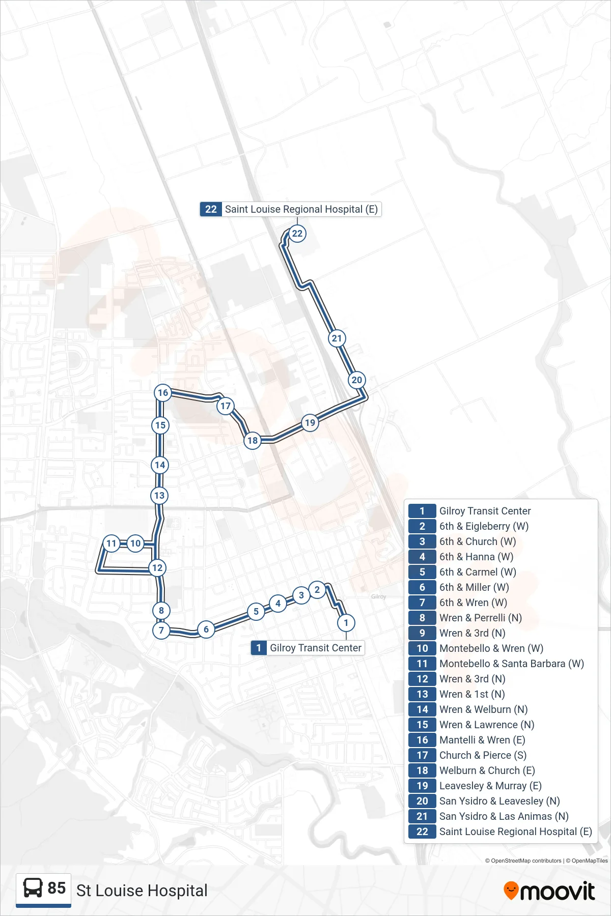 85 bus Line (St Louise Hospital) route and stops on a map