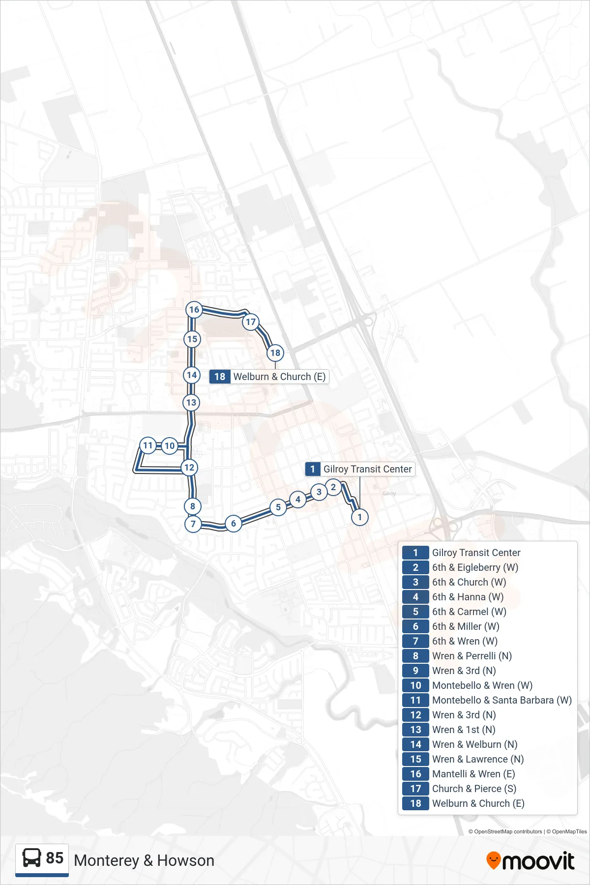 85 bus Line (Monterey & Howson) route and stops on a map