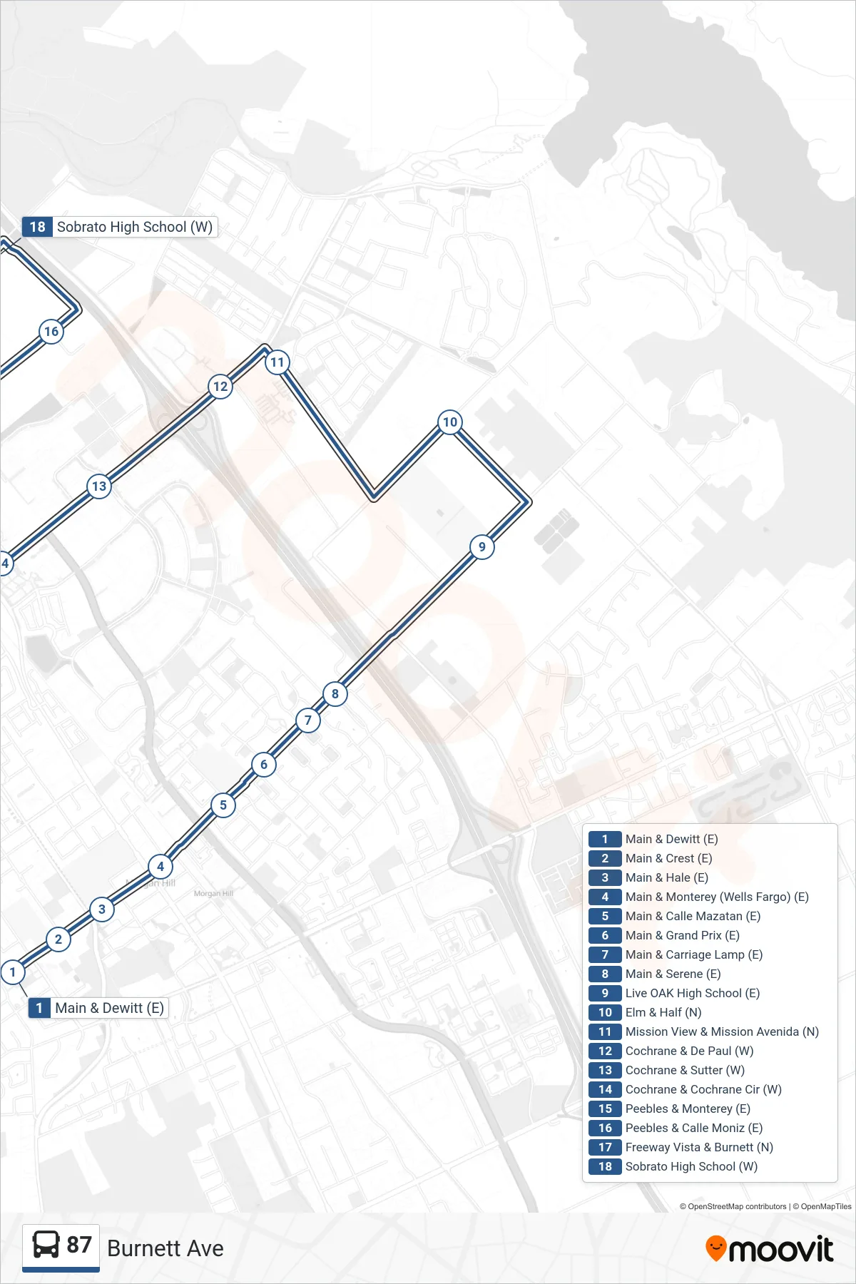 87 bus Line (Burnett Ave) route and stops on a map