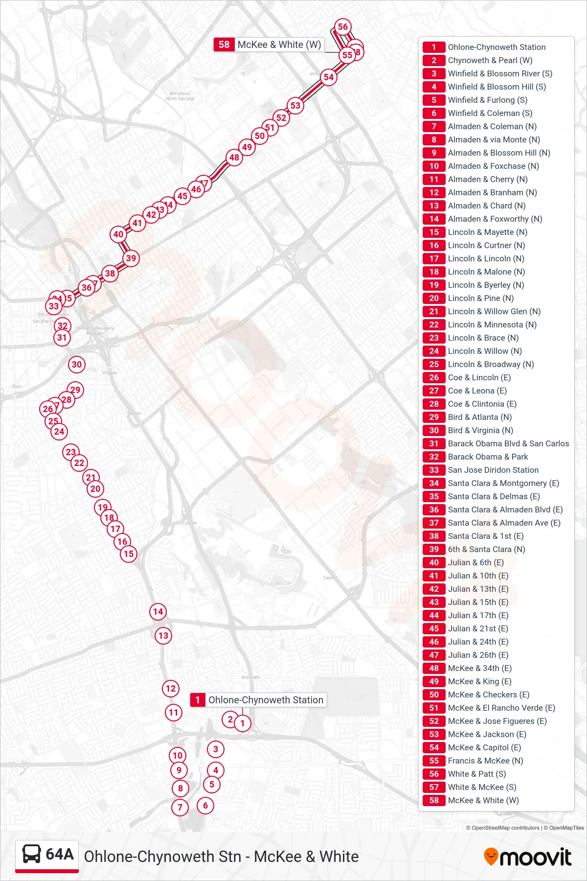 64A bus Line (McKee & White) route and stops on a map