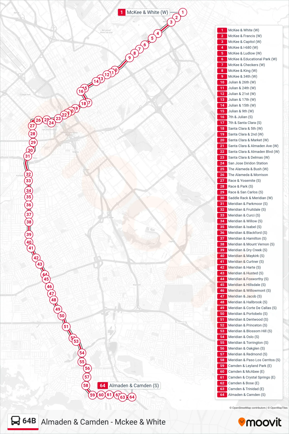 64B bus Line (Almaden & Camden) route and stops on a map