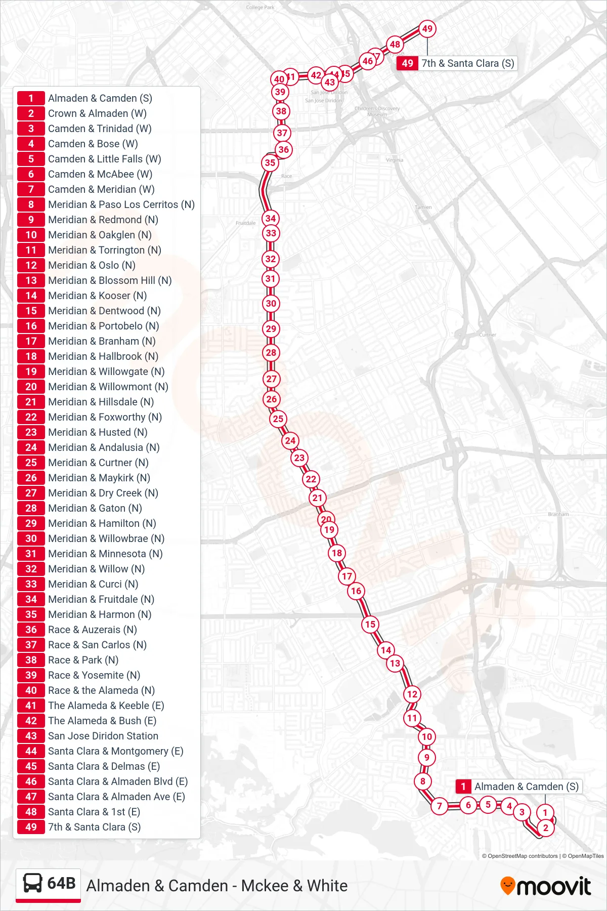64B bus Line (San Jose State) route and stops on a map