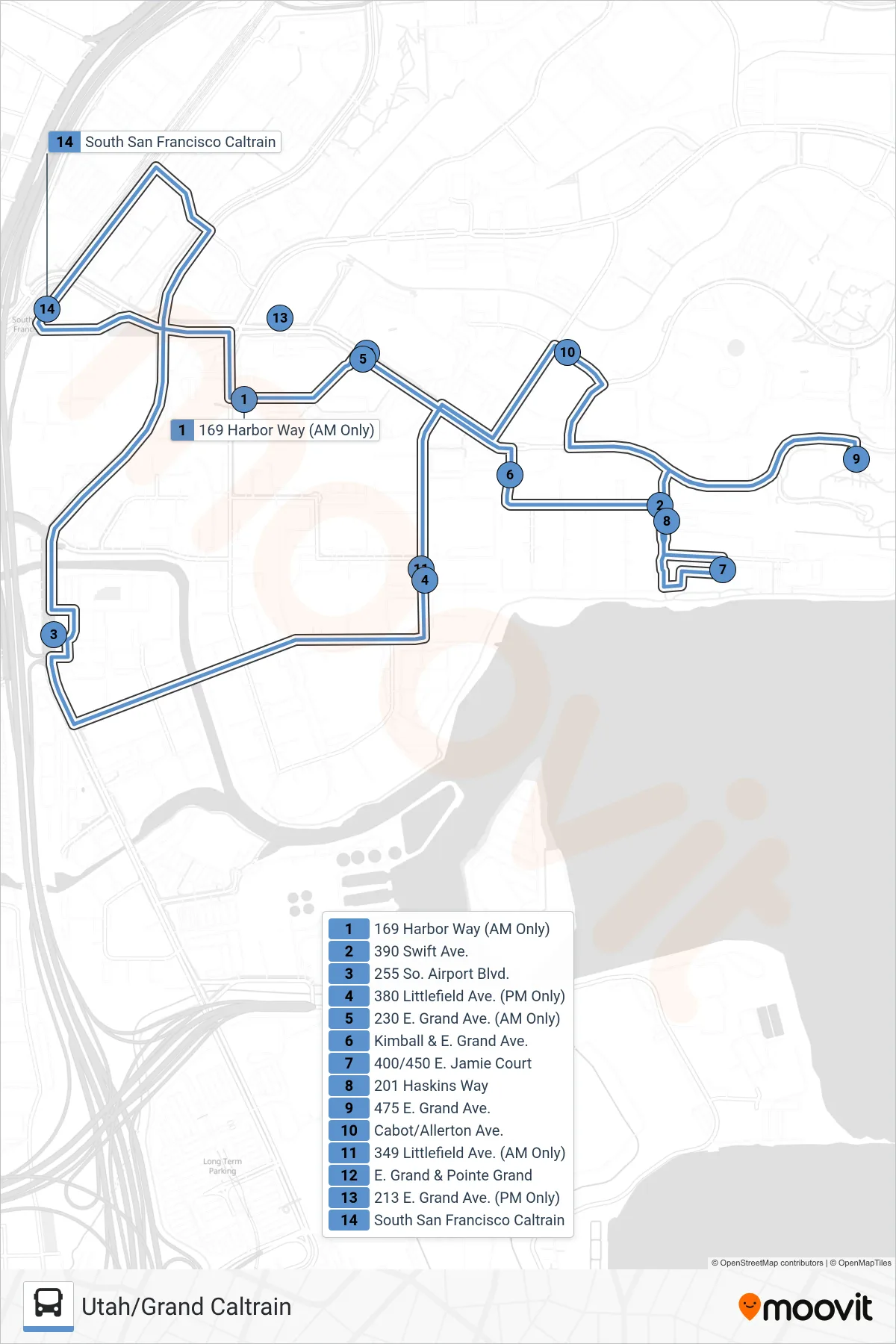 UGC SHUTTLE bus Line (South San Francisco Caltrain) route and stops on a map