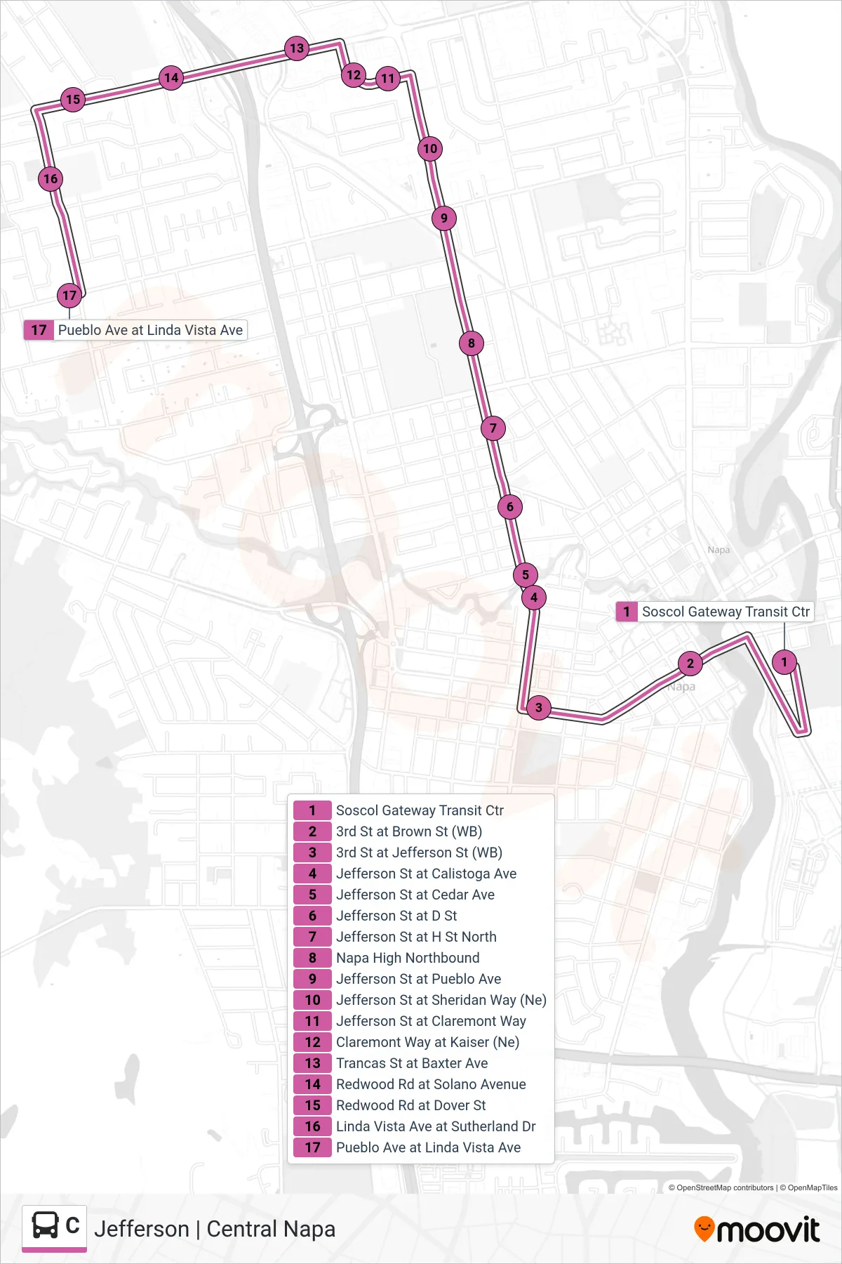 C bus Line (Jefferson | Central Napa) route and stops on a map