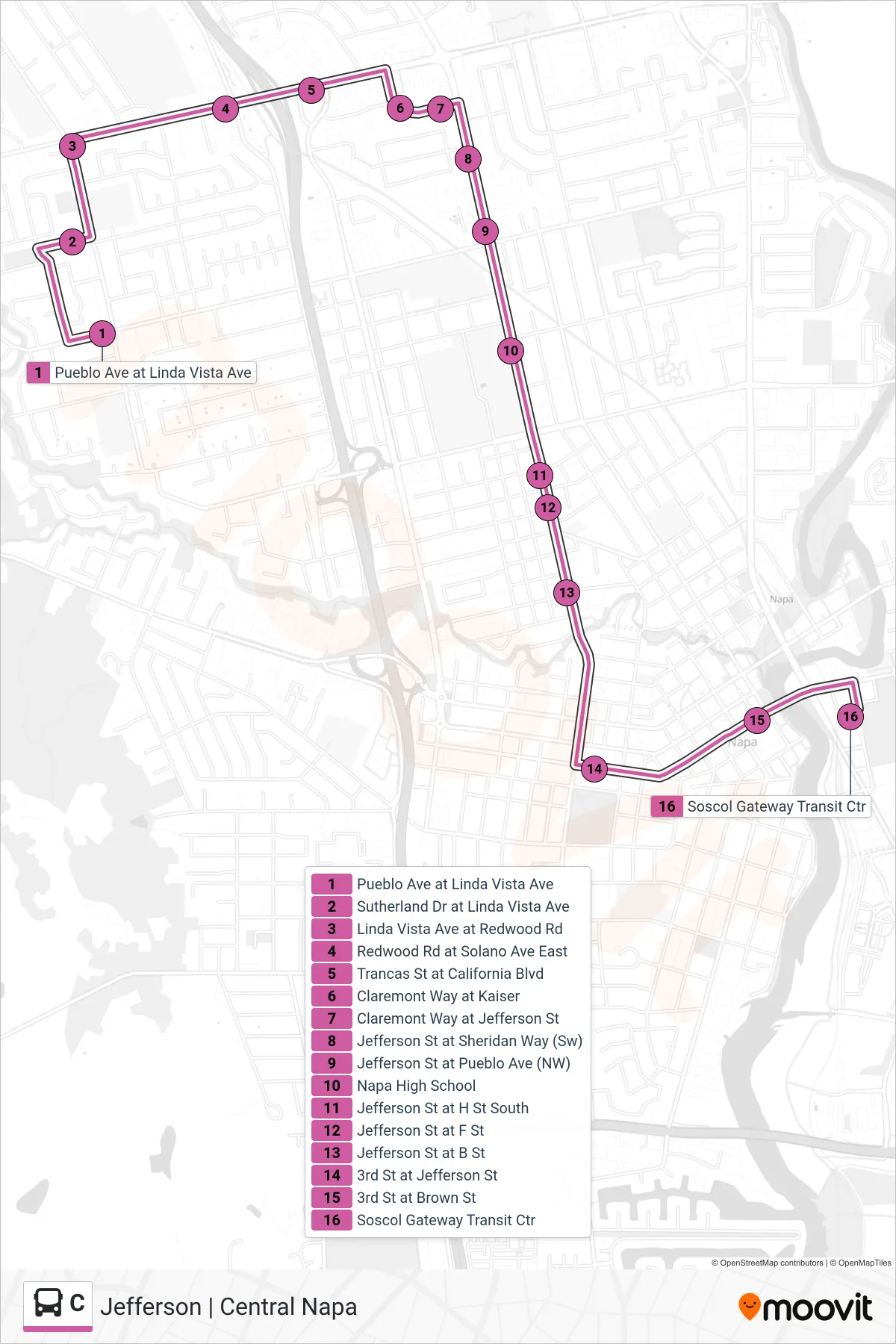 C bus Line (Jefferson | Central Napa) route and stops on a map