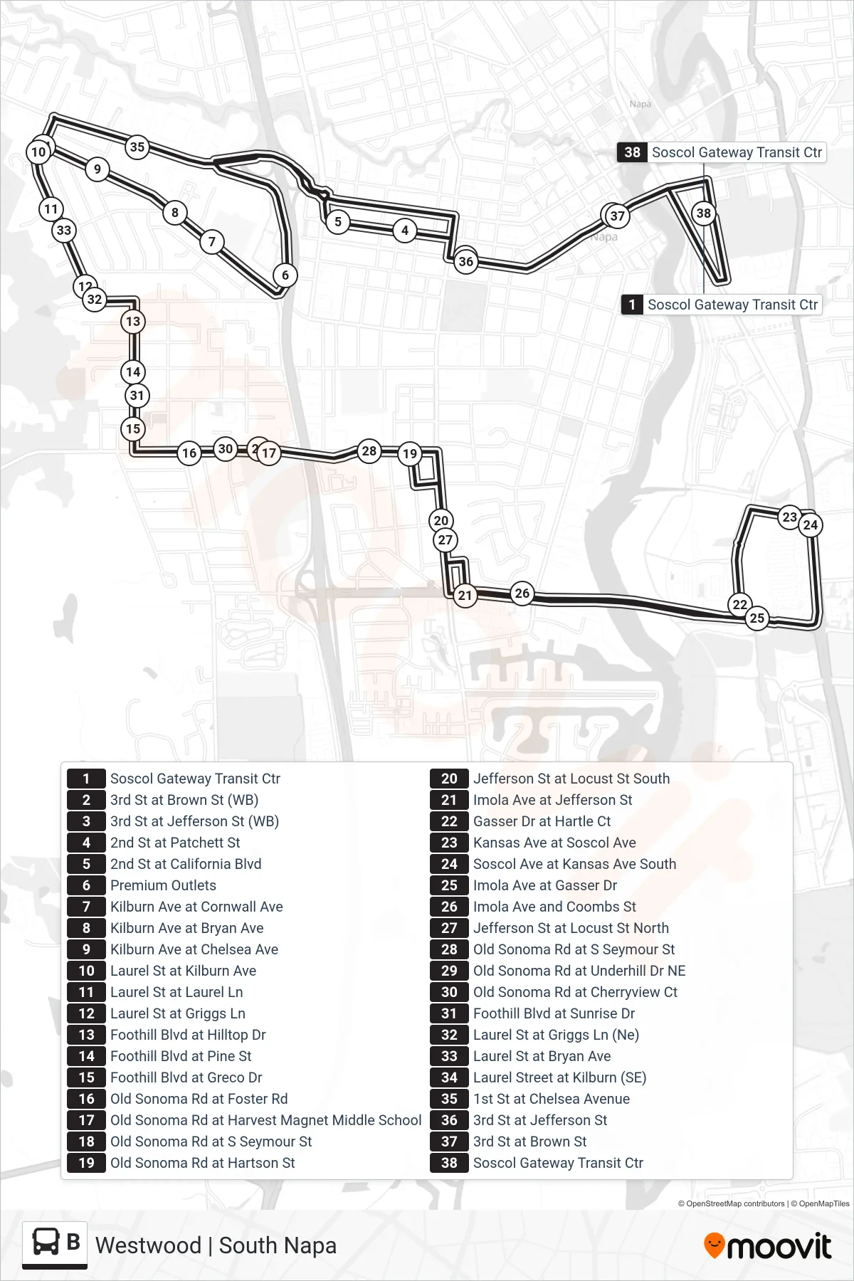 B bus Line (Westwood | South Napa) route and stops on a map