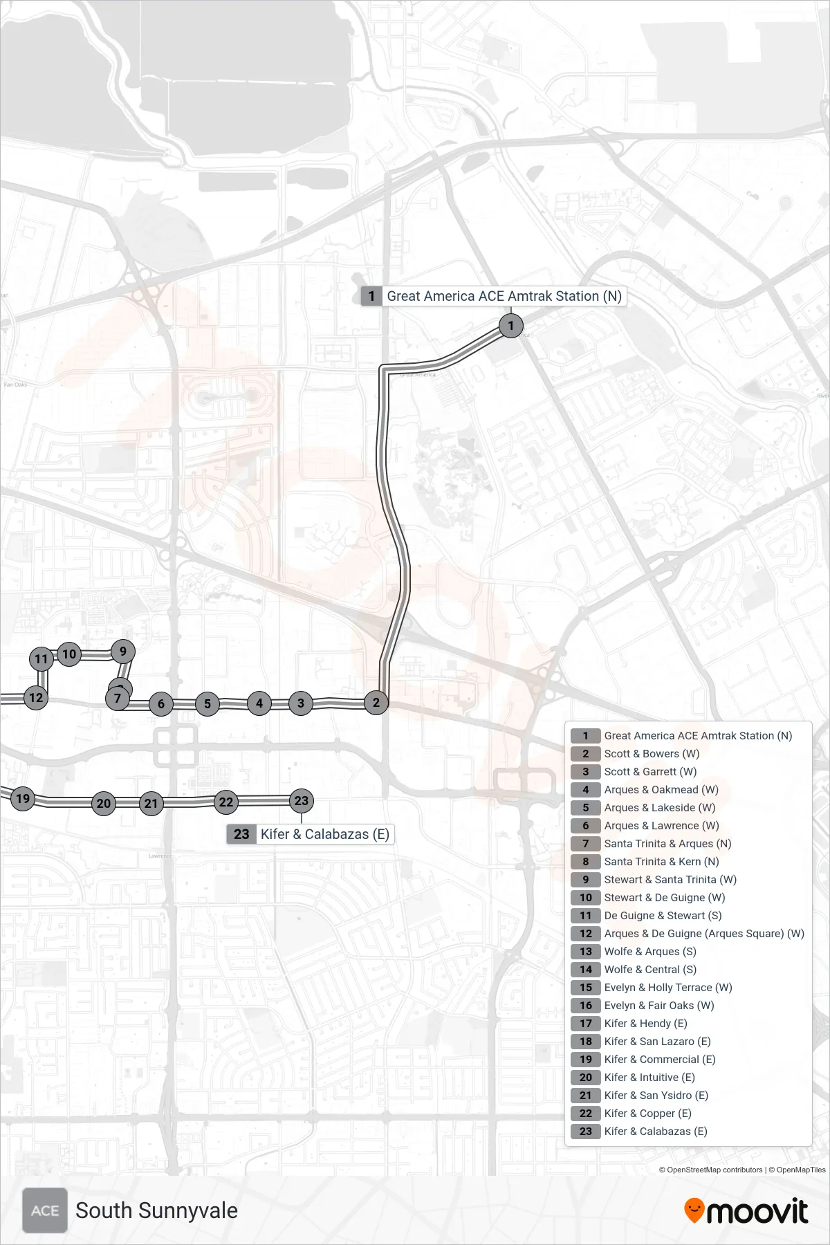 ACE GRAY bus Line (South Sunnyvale) route and stops on a map