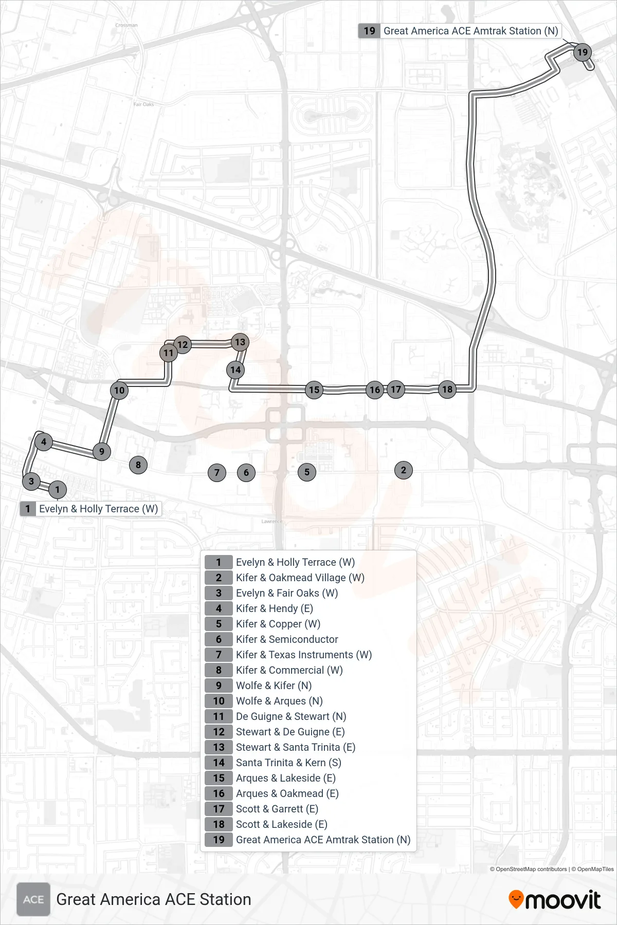 ACE GRAY bus Line (Great America ACE Station) route and stops on a map