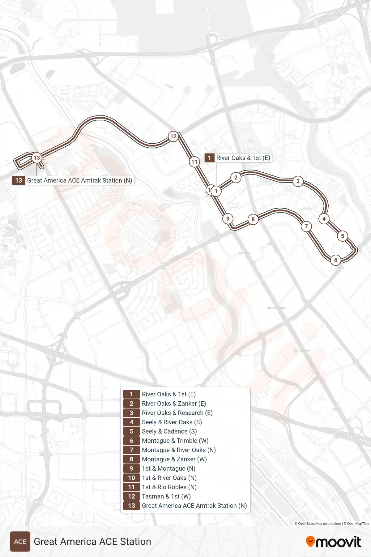 ACE BROWN bus Line (Great America ACE Station) route and stops on a map