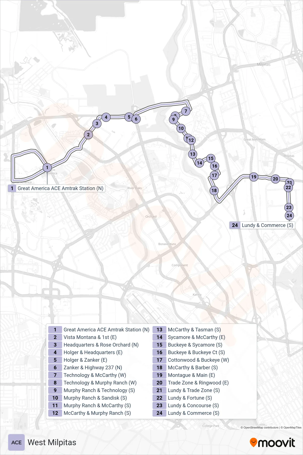 ACE VIOLET bus Line (West Milpitas) route and stops on a map