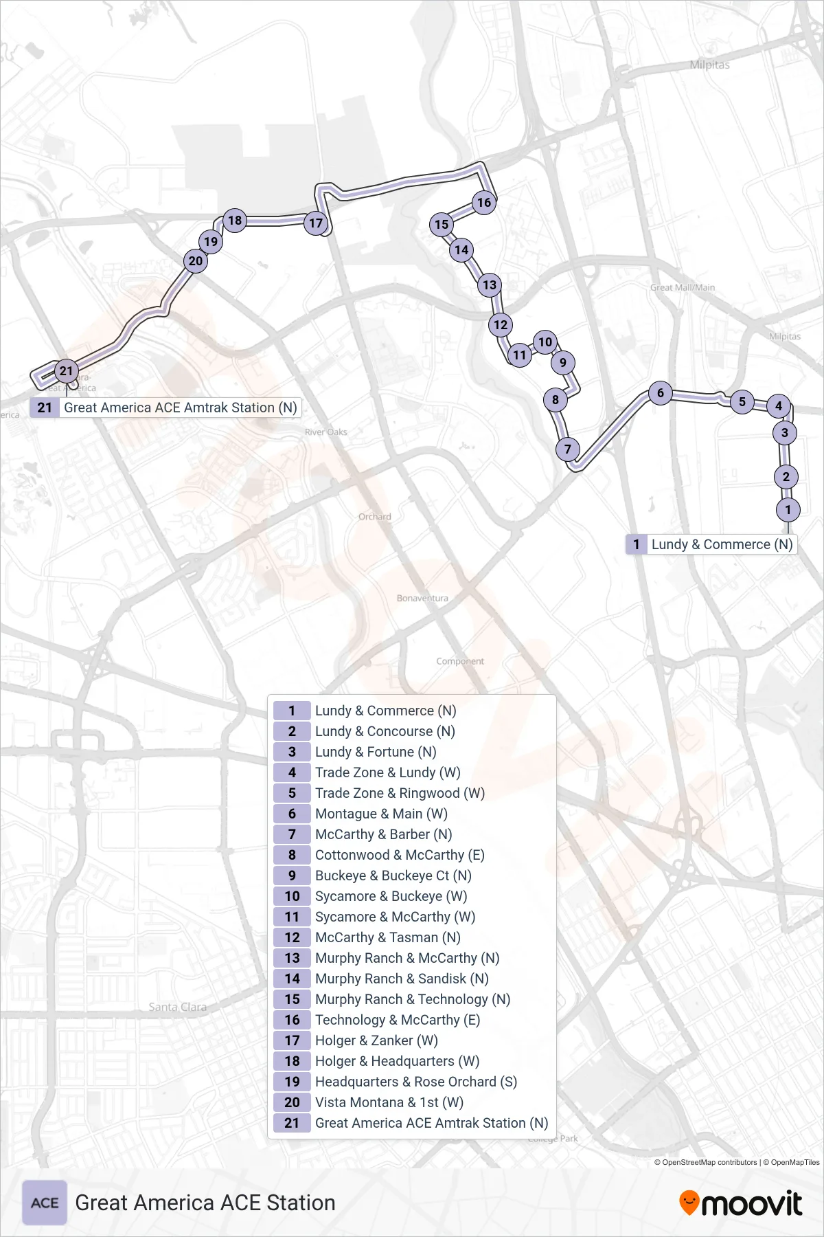 ACE VIOLET bus Line (Great America ACE Station) route and stops on a map