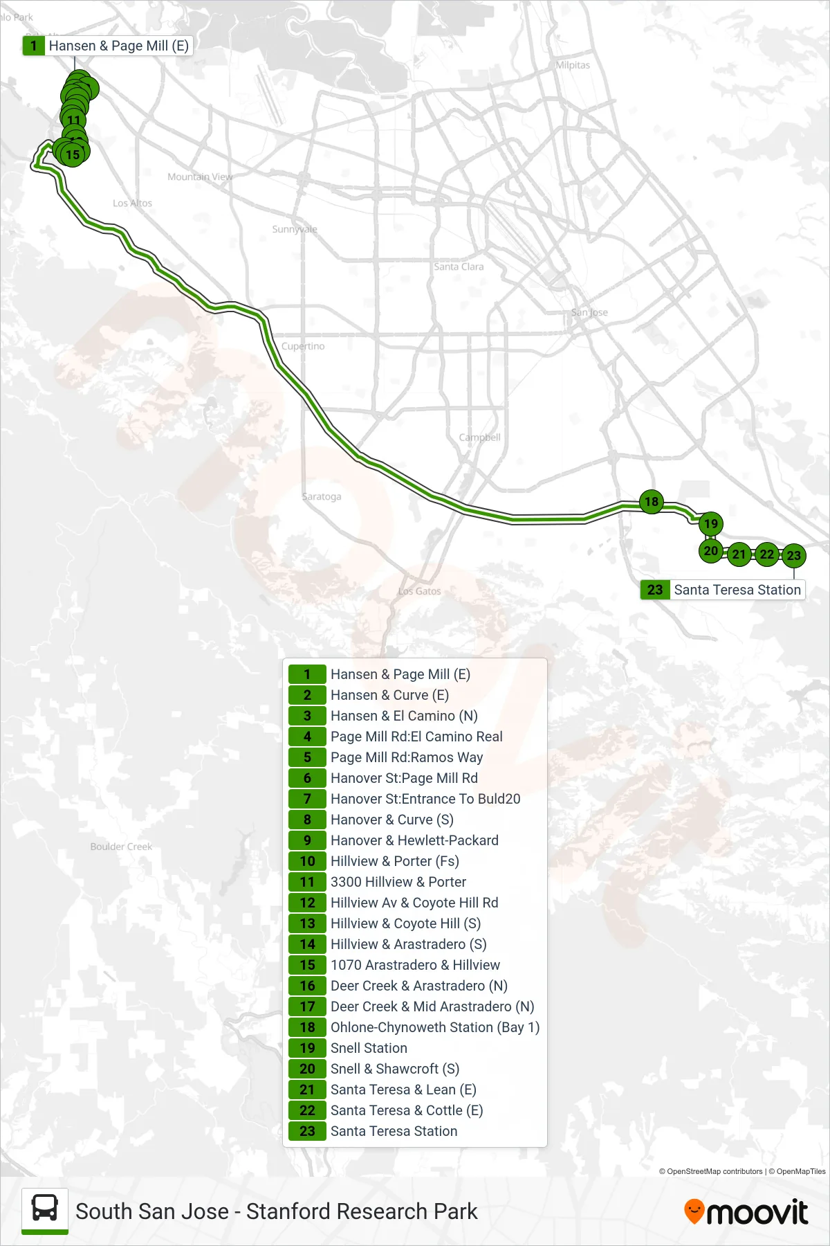EXPRESS 102 bus Line (Express South San Jose) route and stops on a map