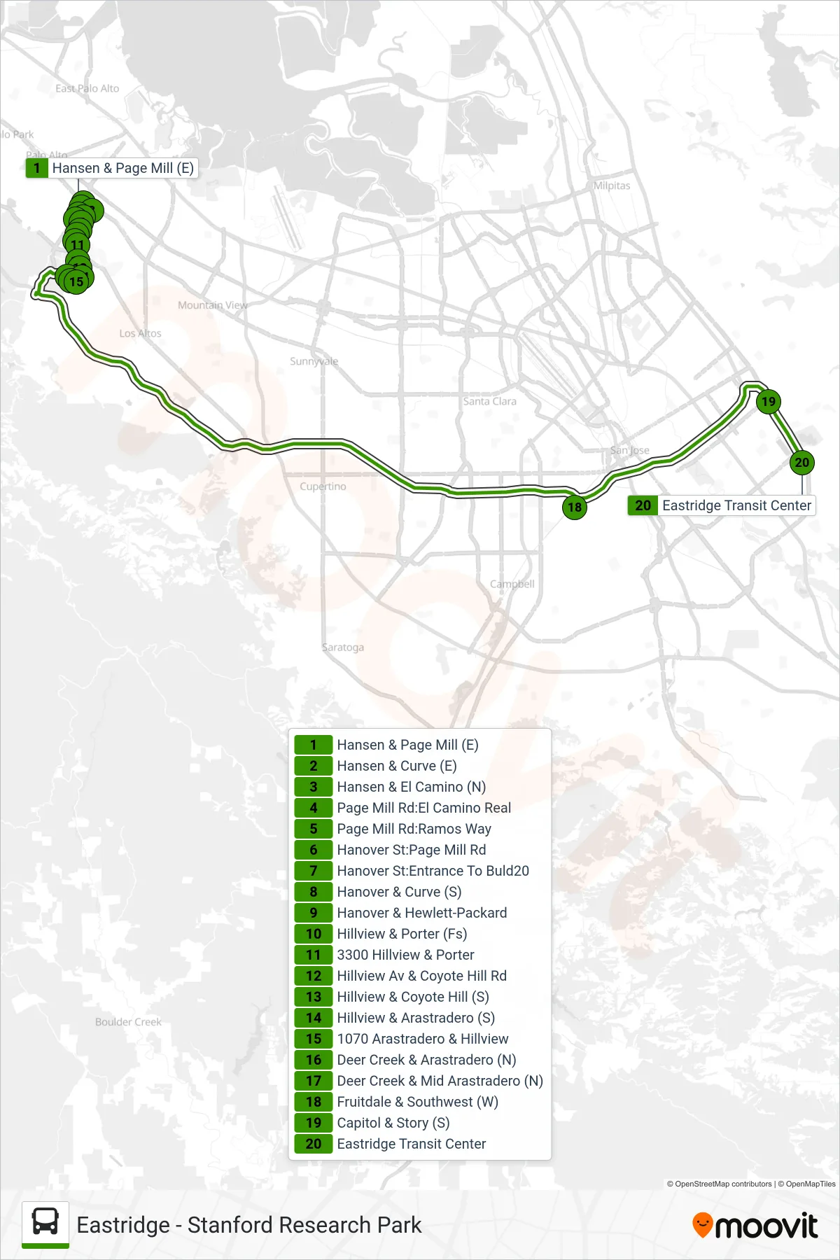EXPRESS 103 bus Line (Express Eastridge) route and stops on a map