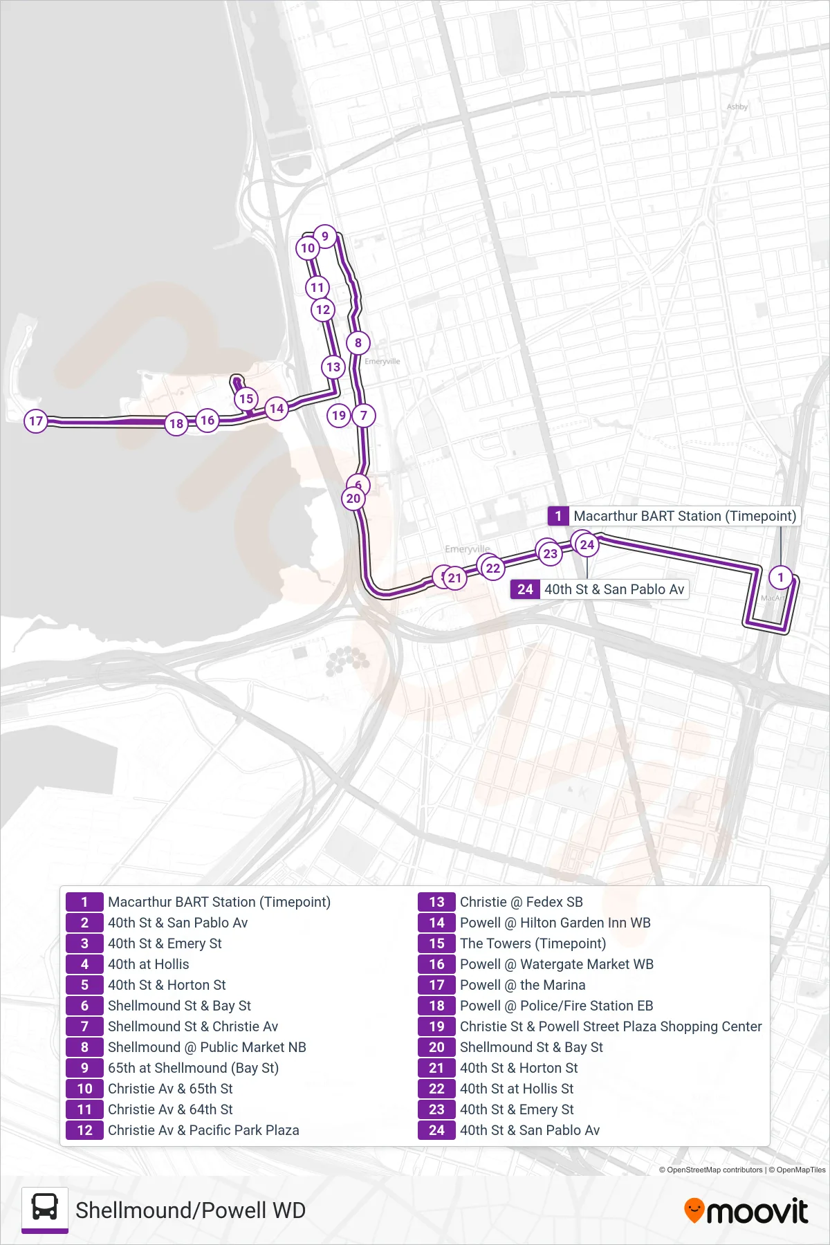 SHELL/POW bus Line (Shell/Pow Holi) route and stops on a map