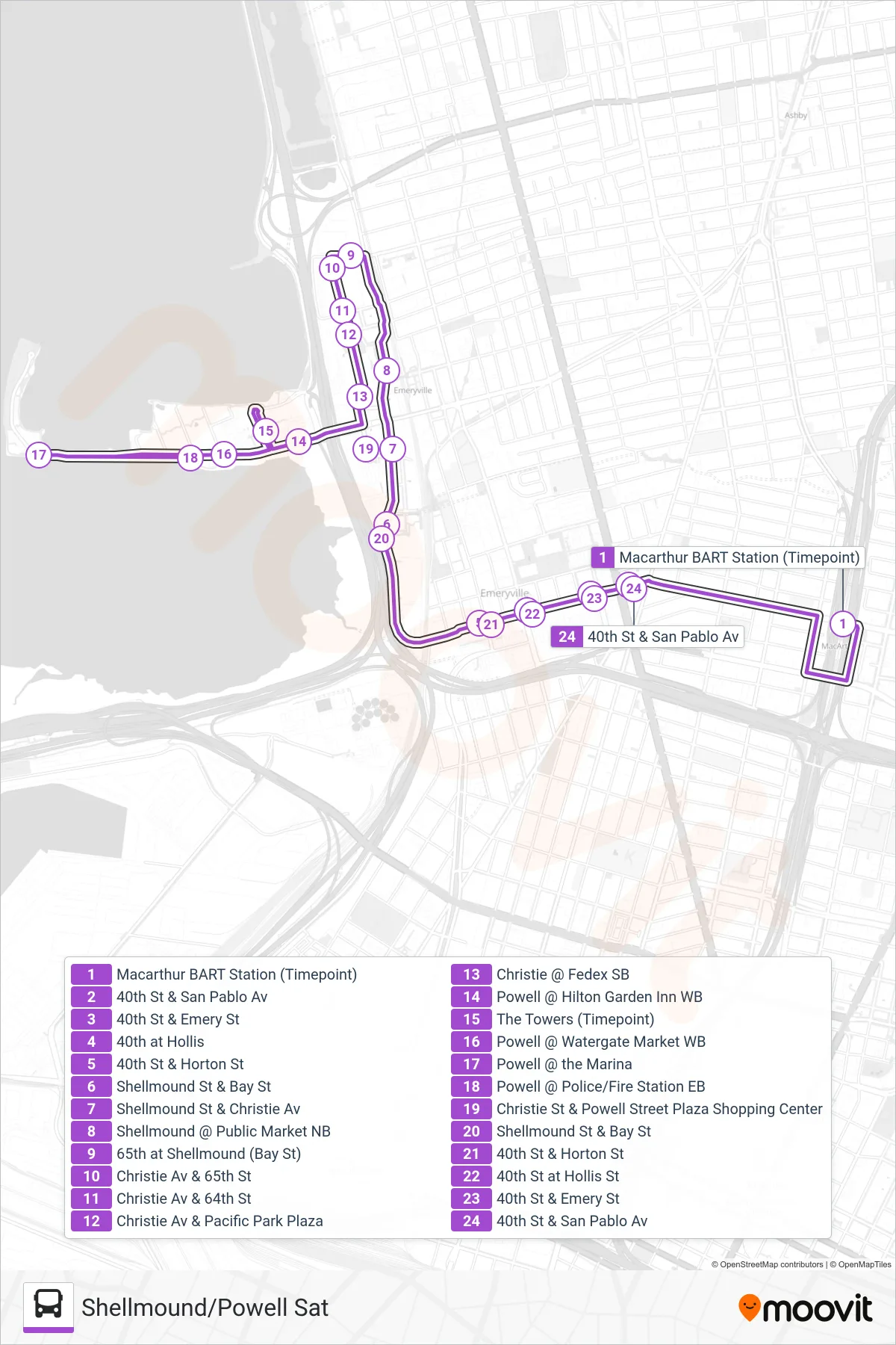 SHELL/POW SAT bus Line (Shell/Powell Saturday) route and stops on a map