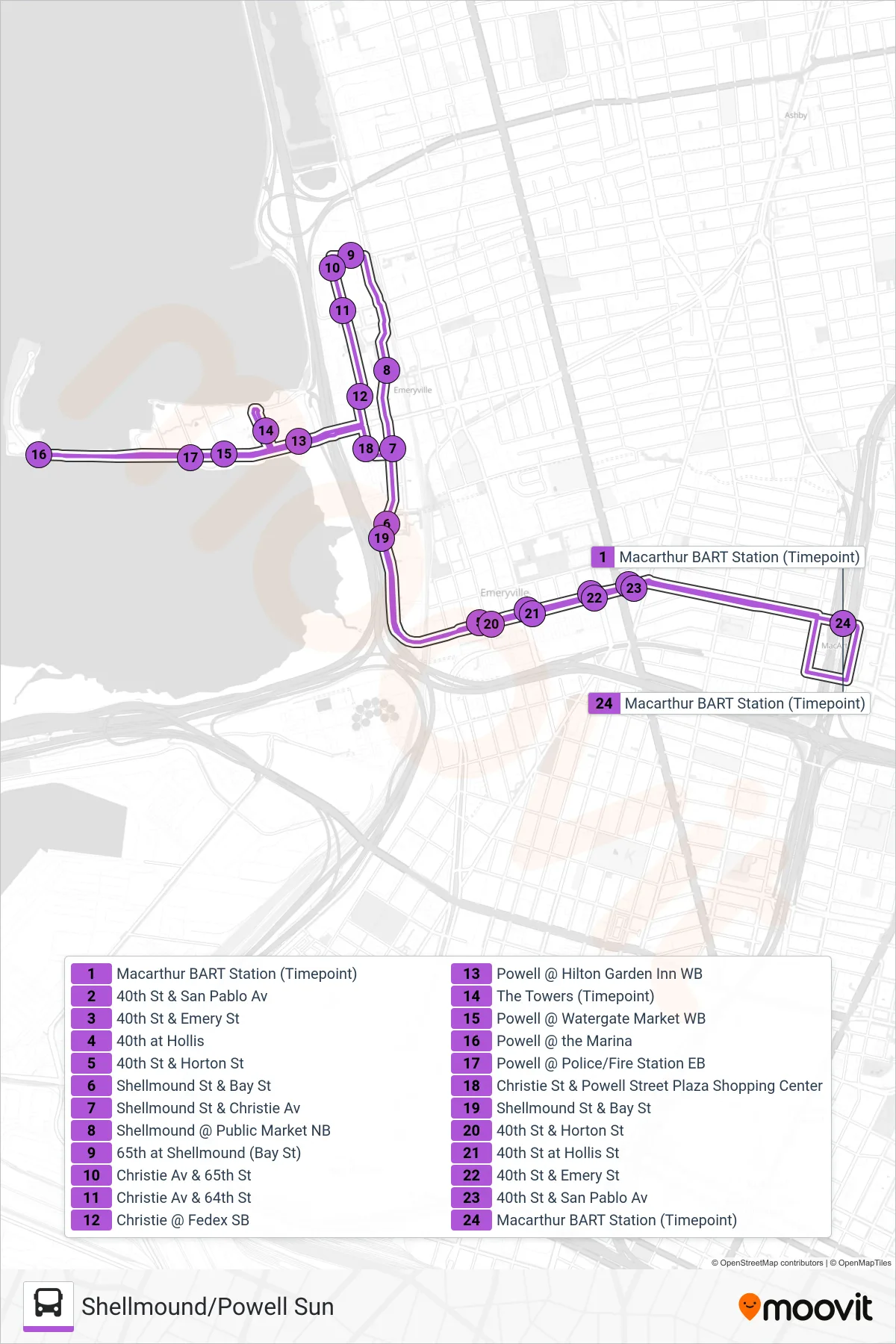 SHELL/POW SUN bus Line (Shell/Powell) route and stops on a map