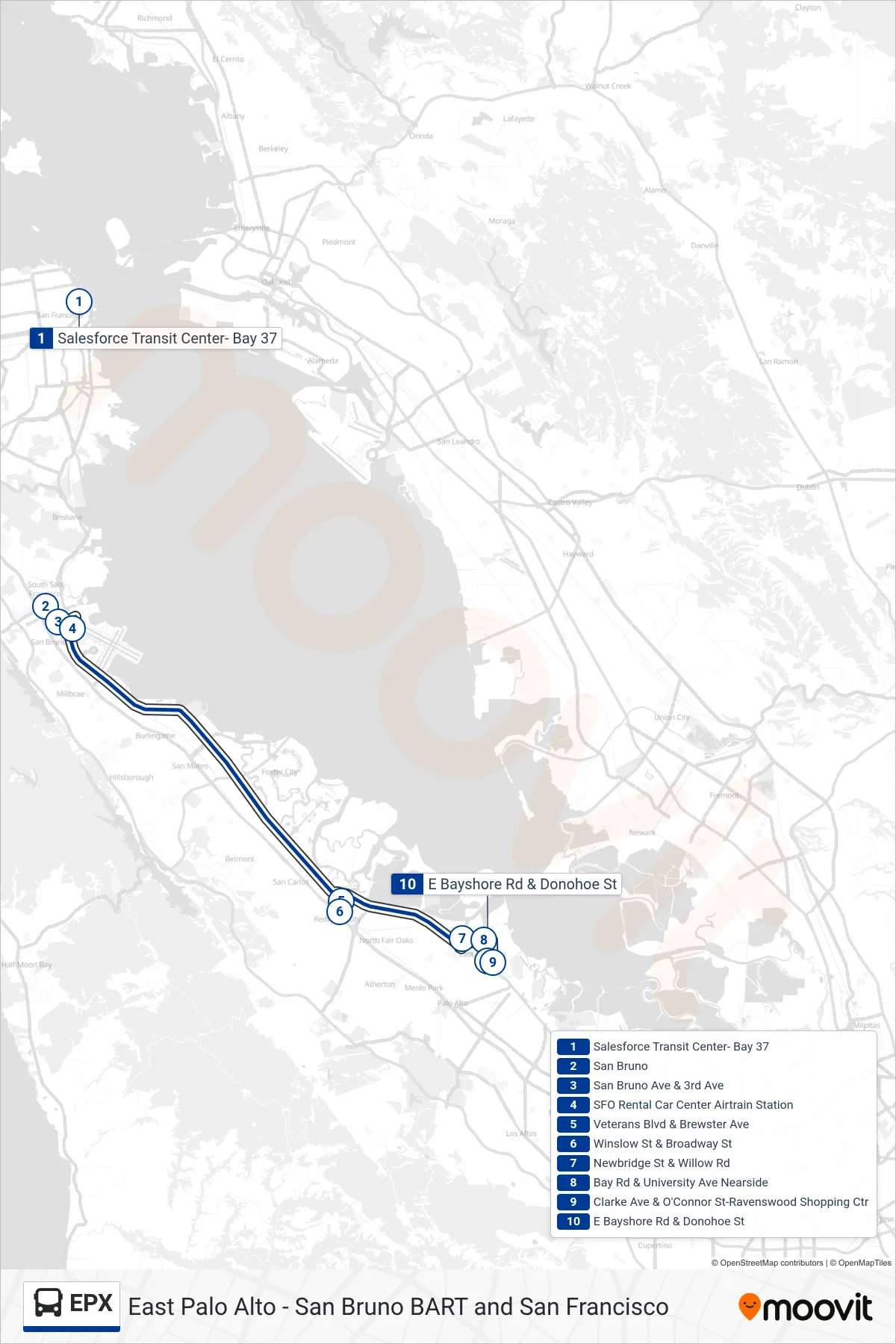 EPX bus Line (East Palo Alto) route and stops on a map