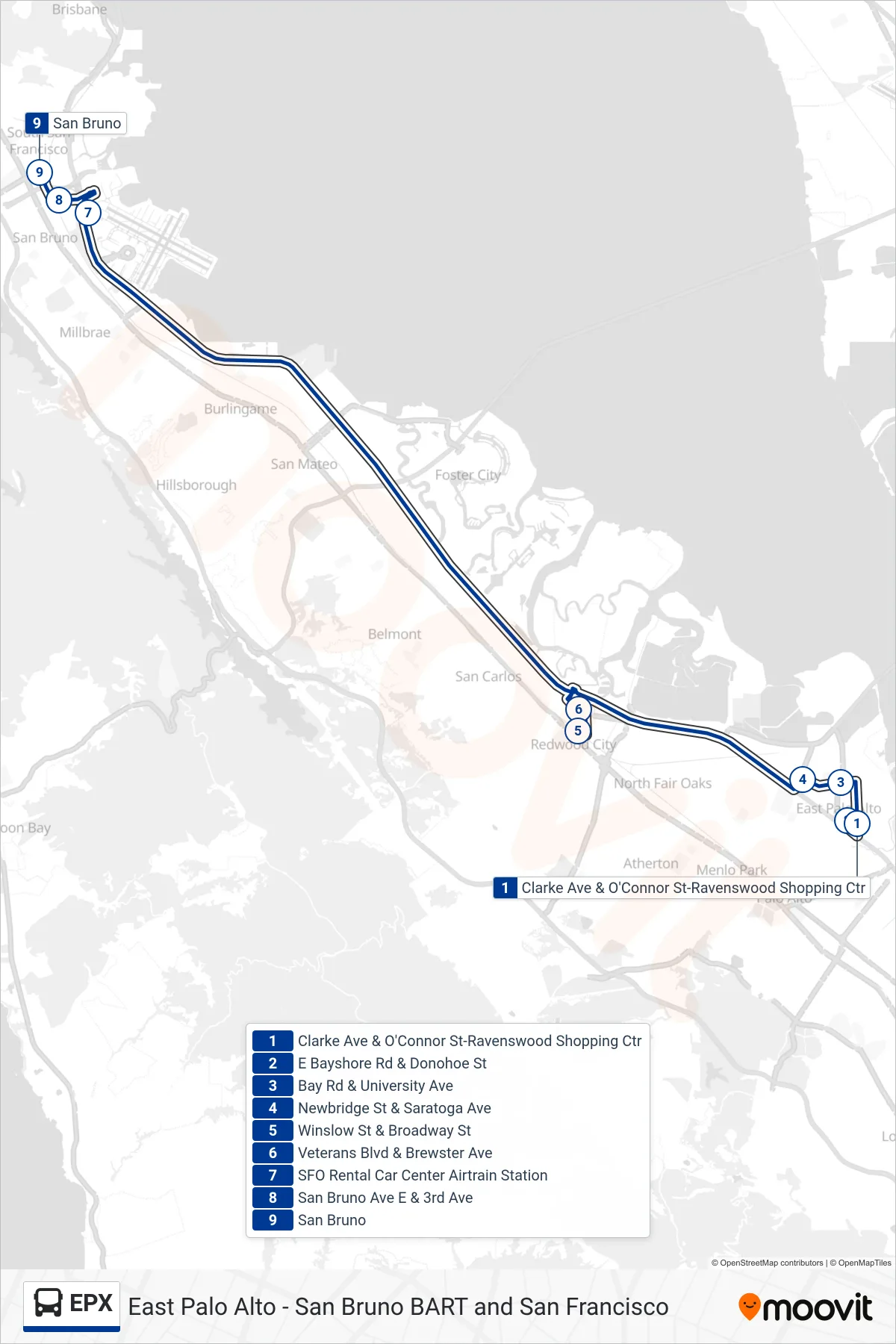 EPX bus Line (San Bruno BART) route and stops on a map