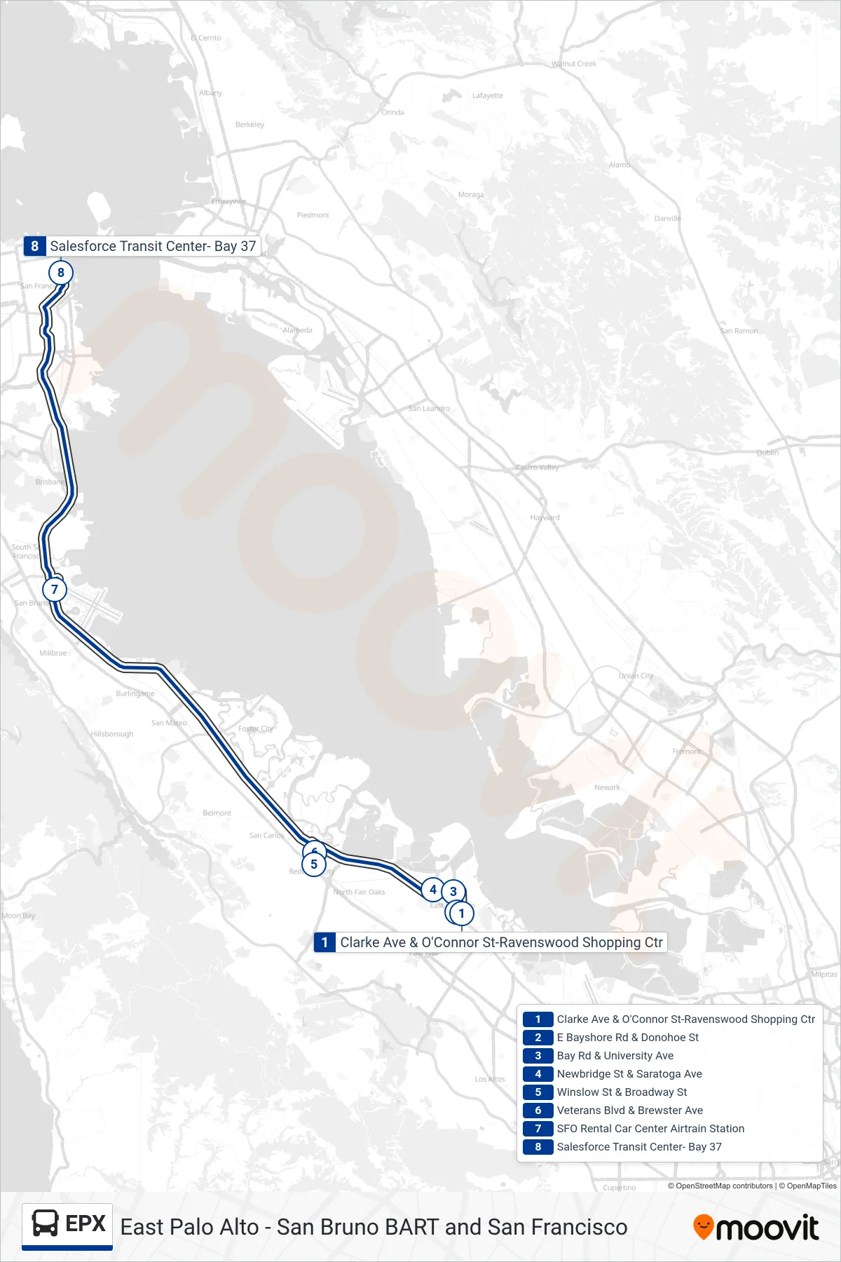 EPX bus Line (Salesforce Transit Center) route and stops on a map