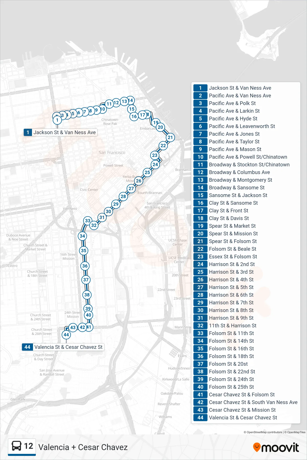 12 bus Line (Valencia + Cesar Chavez) route and stops on a map