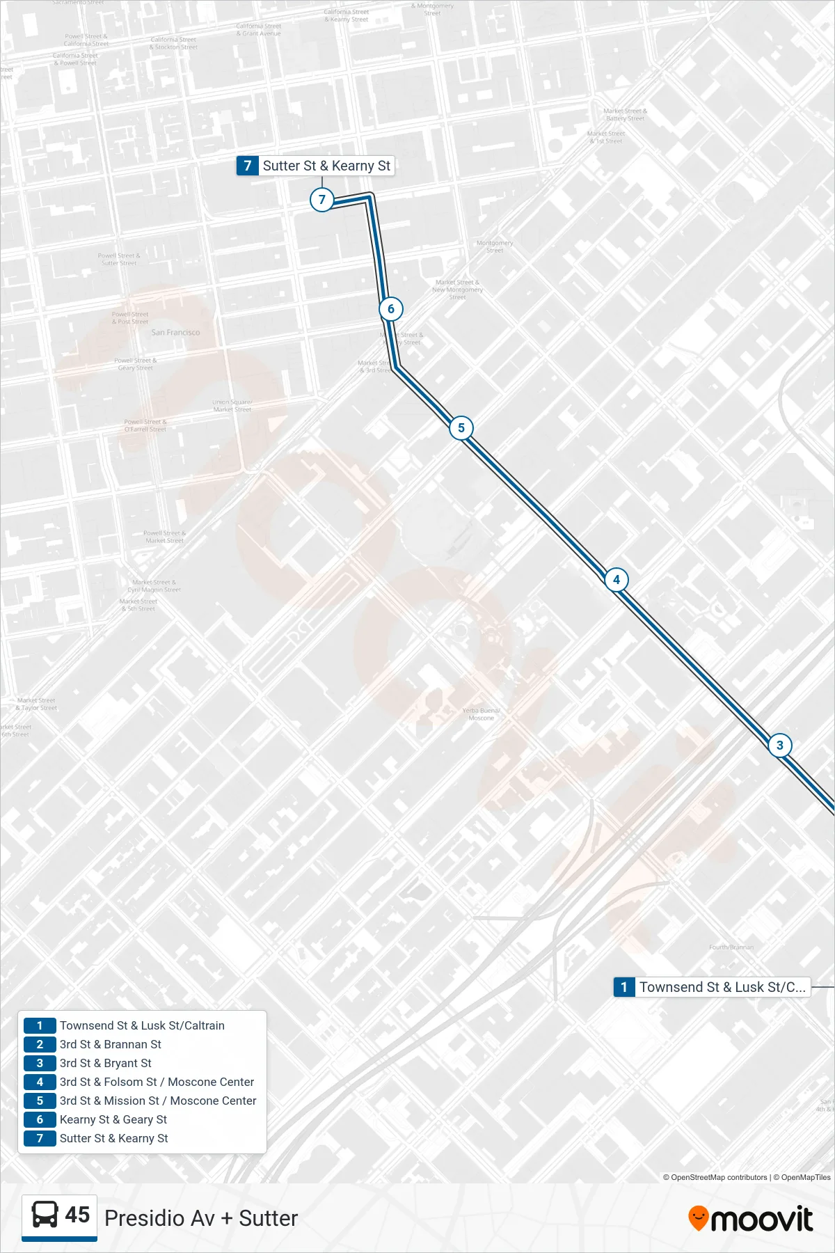 45 bus Line (Presidio Av + Sutter) route and stops on a map
