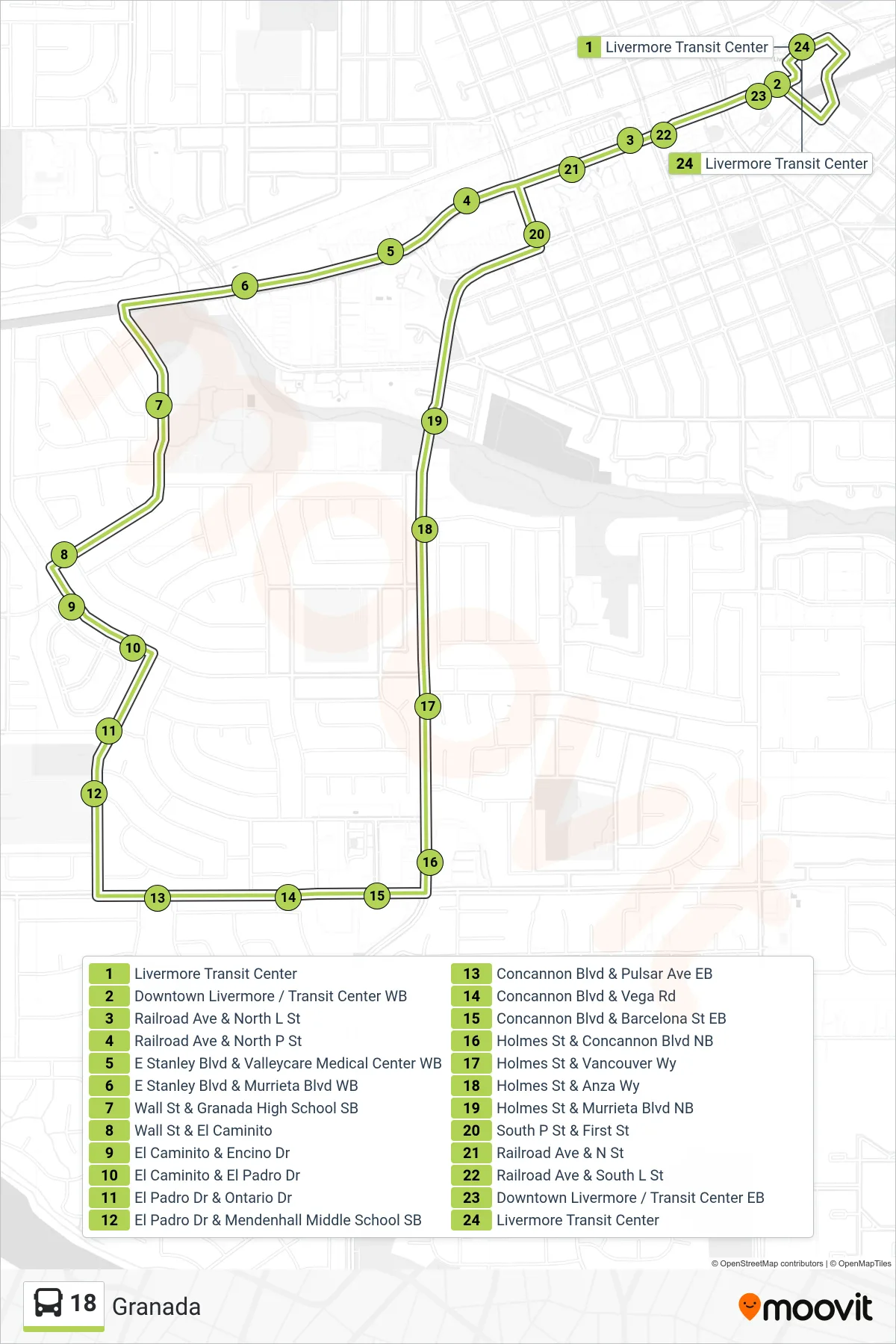 18 bus Line (Granada - Livermore Transit Center) route and stops on a map